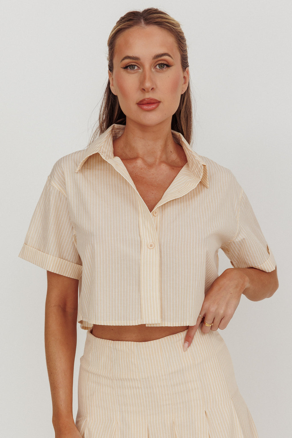 Zealous Boxy Cropped Striped Shirt Beige/Off White by Selfie Leslie Australia