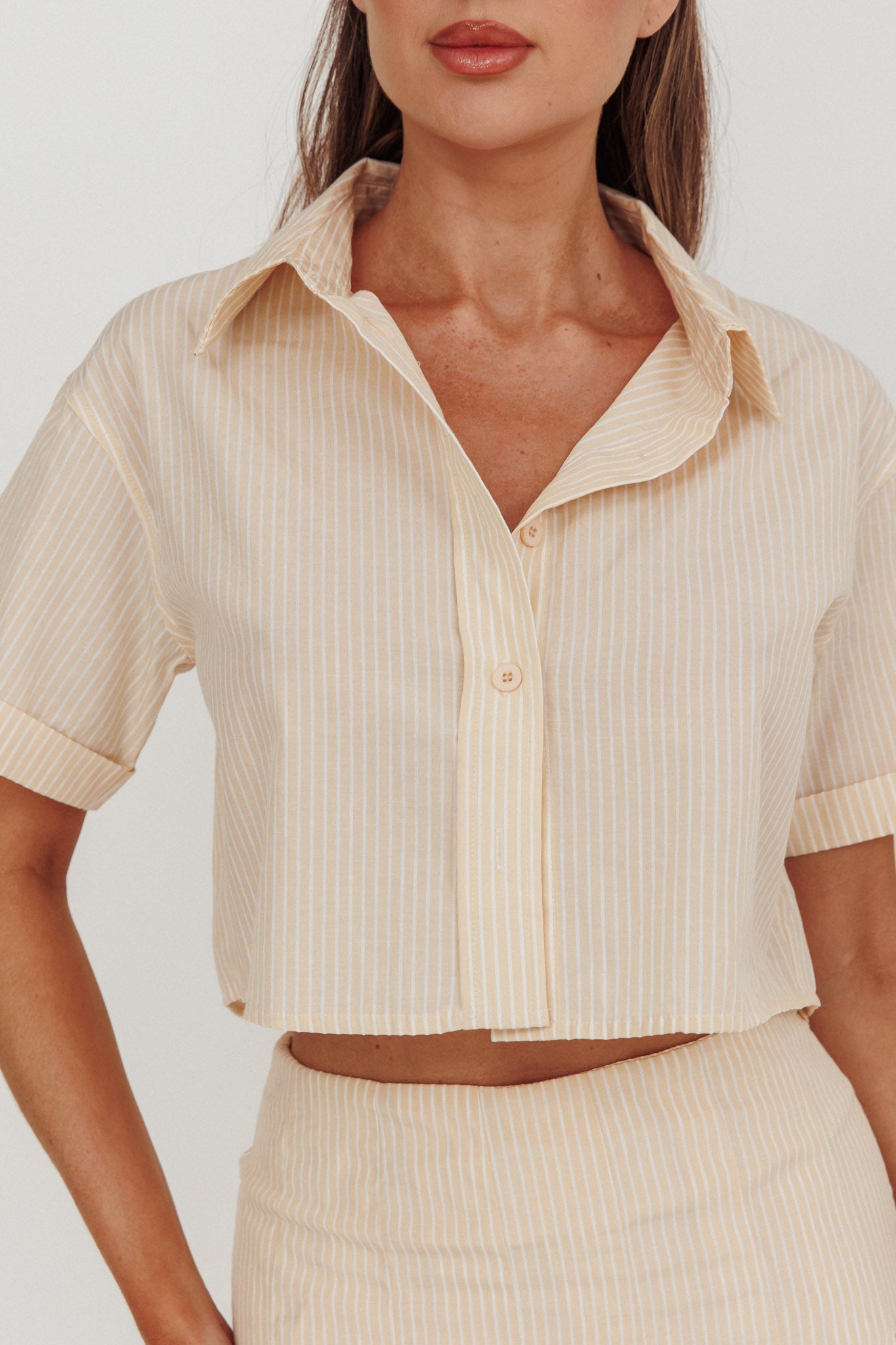 Zealous Boxy Cropped Striped Shirt Beige/Off White by Selfie Leslie Australia