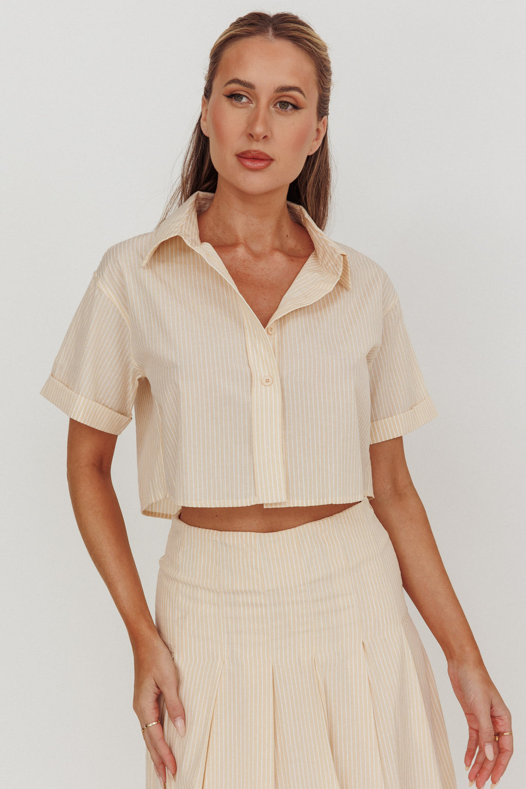 Zealous Boxy Cropped Striped Shirt Beige/Off White by Selfie Leslie Australia
