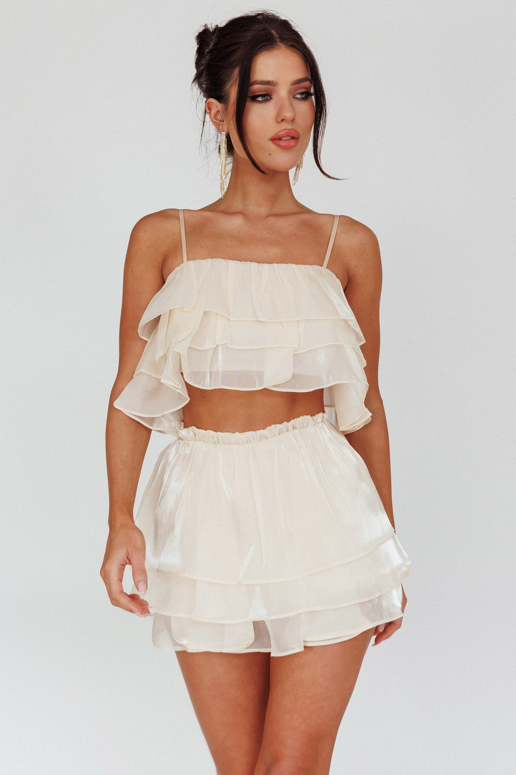 Easy To Love Layered Ruffle Crop Top Cream by Selfie Leslie Australia