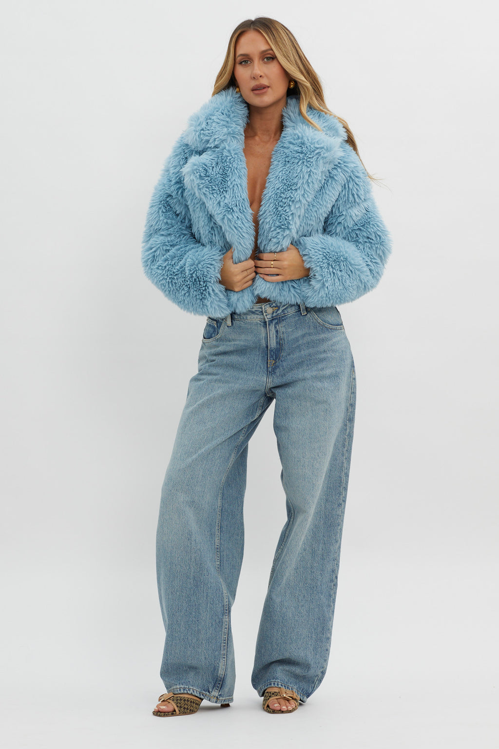 St Moritz Notch Lapel Fur Jacket Blue by Selfie Leslie Australia