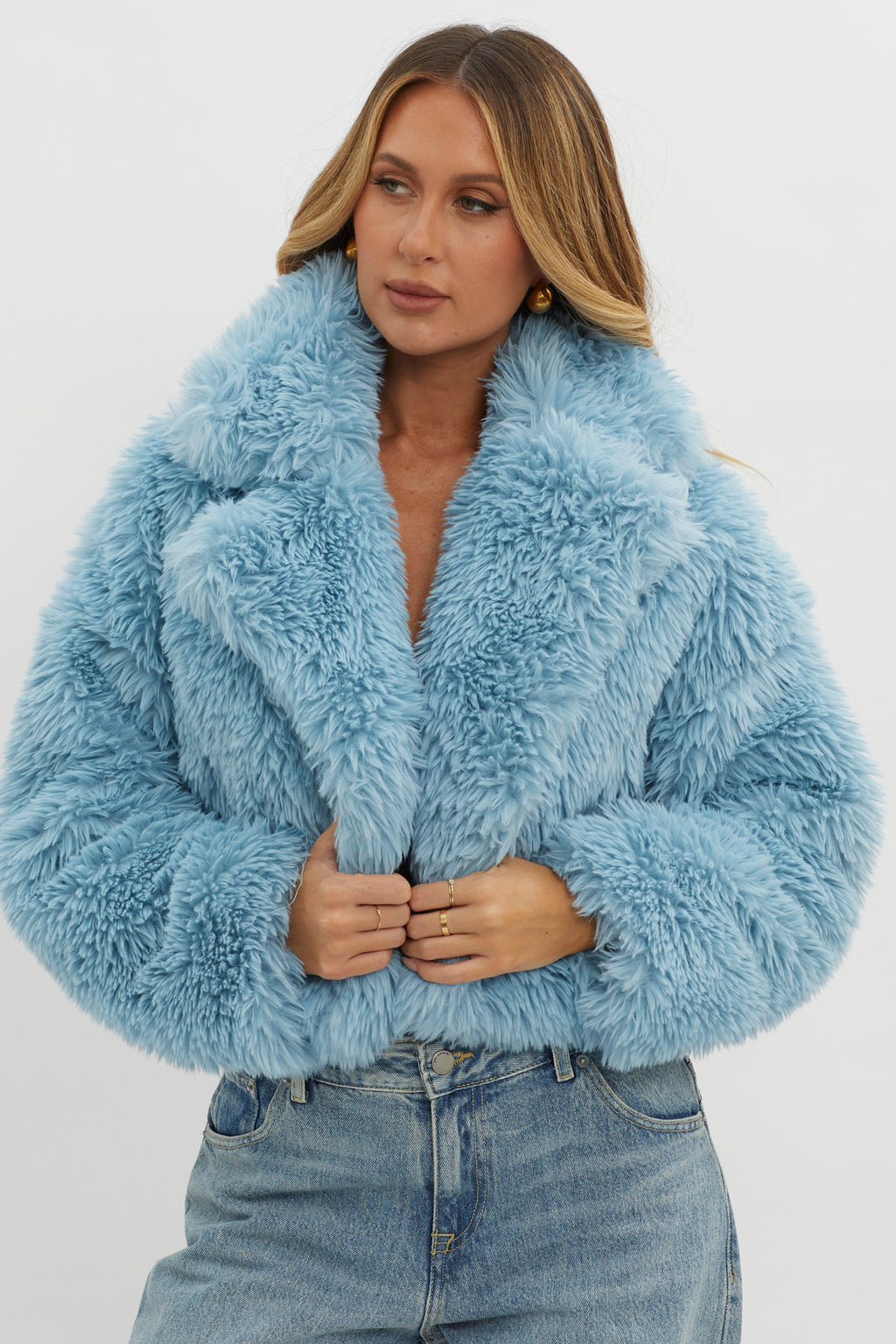 St Moritz Notch Lapel Fur Jacket Blue by Selfie Leslie Australia