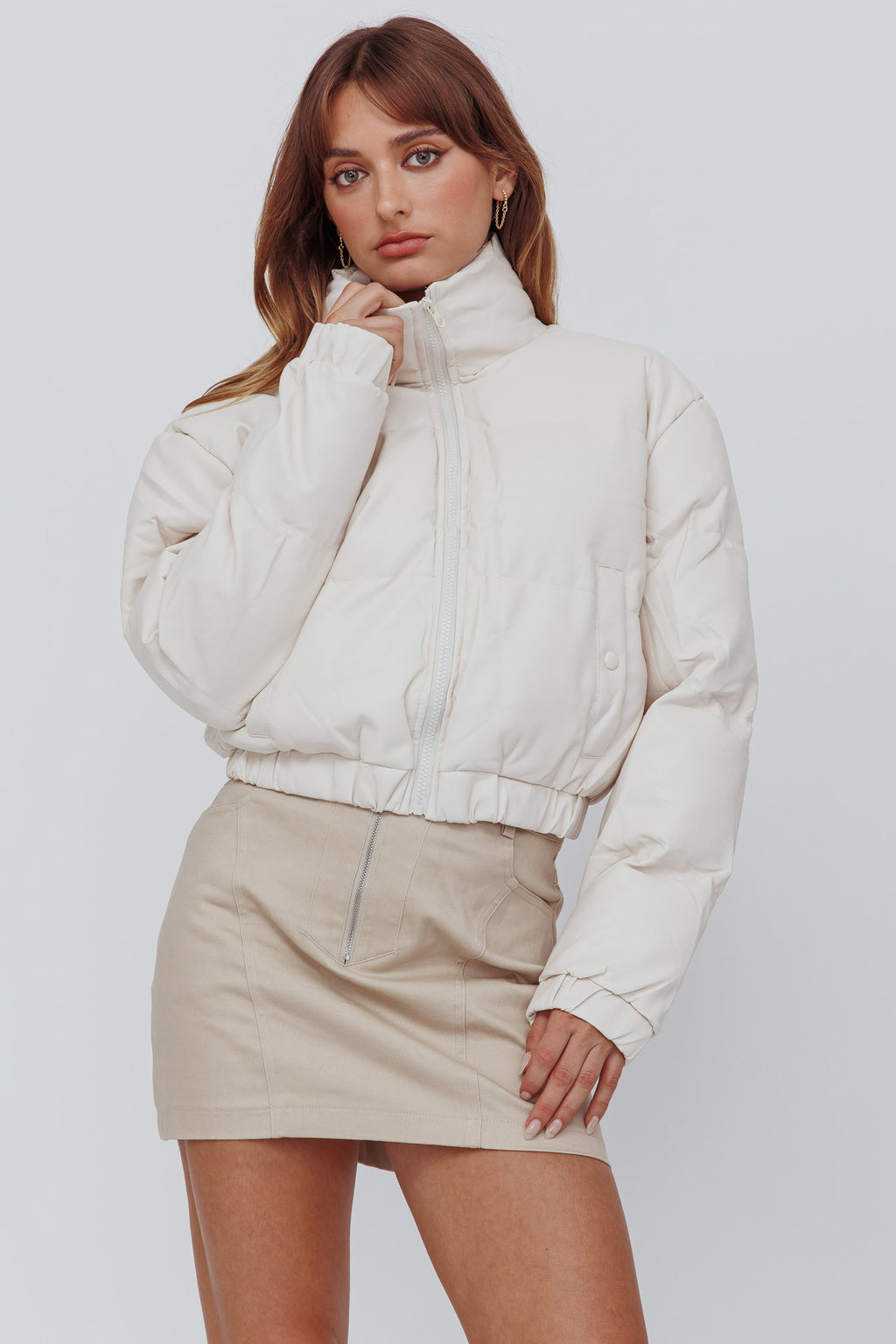 Winter Magic Faux Leather Puffer Jacket Cream by Selfie Leslie Australia