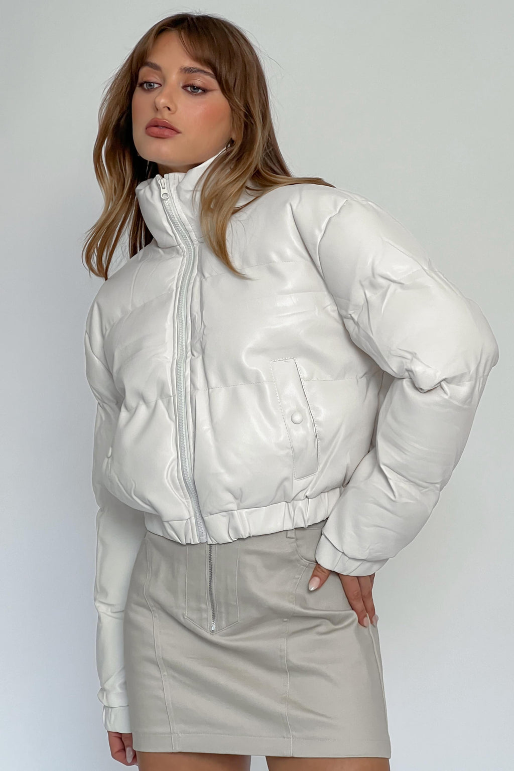 Winter Magic Faux Leather Puffer Jacket Cream by Selfie Leslie Australia