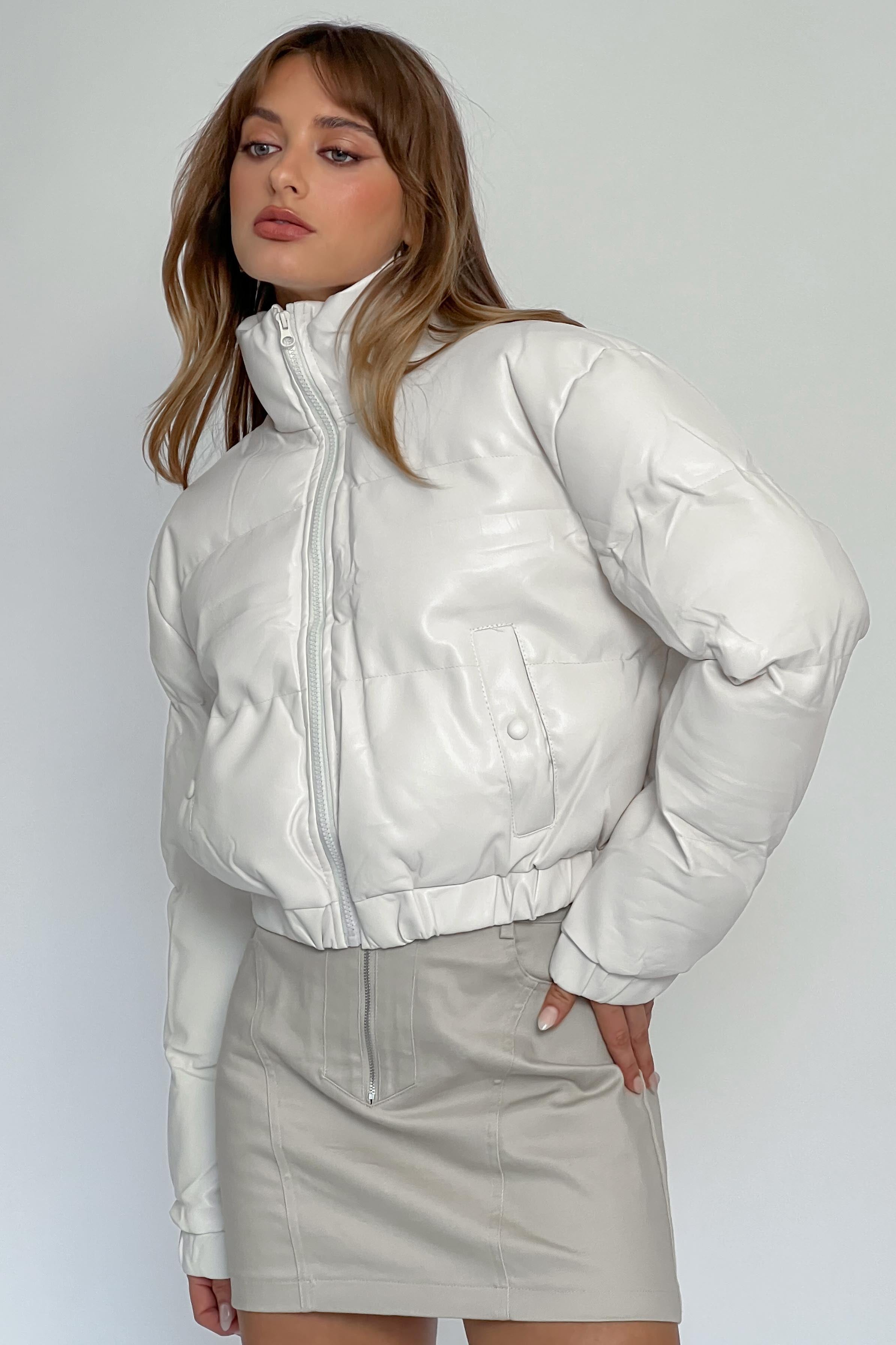 Winter Magic Faux Leather Puffer Jacket Cream by Selfie Leslie Australia