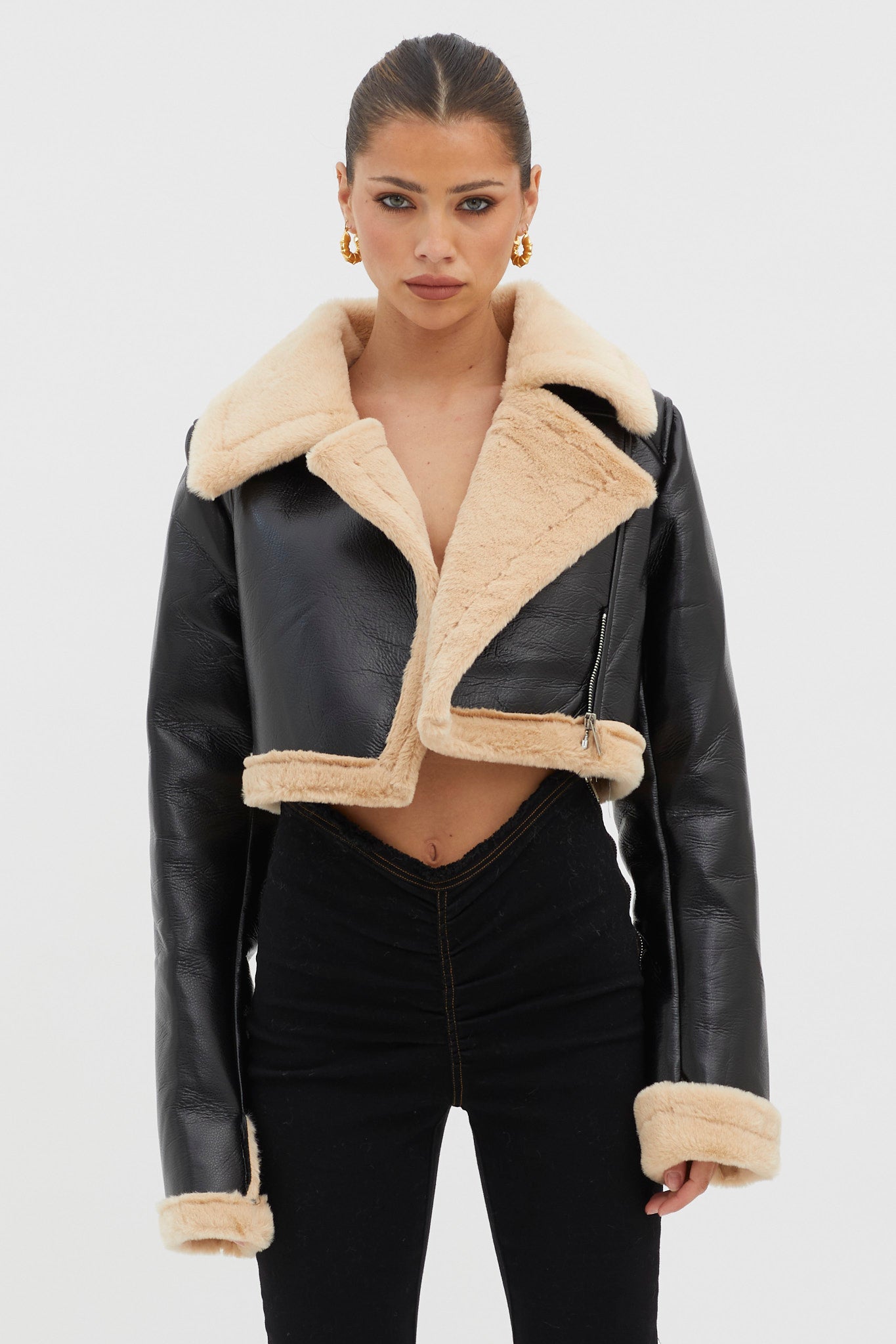 High Altitude Faux Fur Biker Jacket Black/Taupe by Selfie Leslie Australia