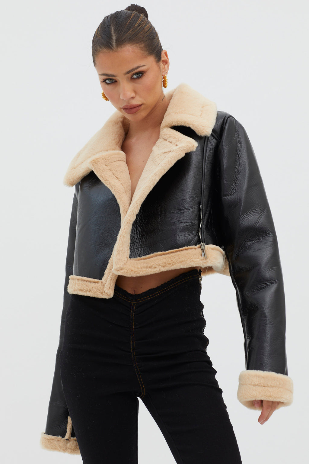 High Altitude Faux Fur Biker Jacket Black/Taupe by Selfie Leslie Australia