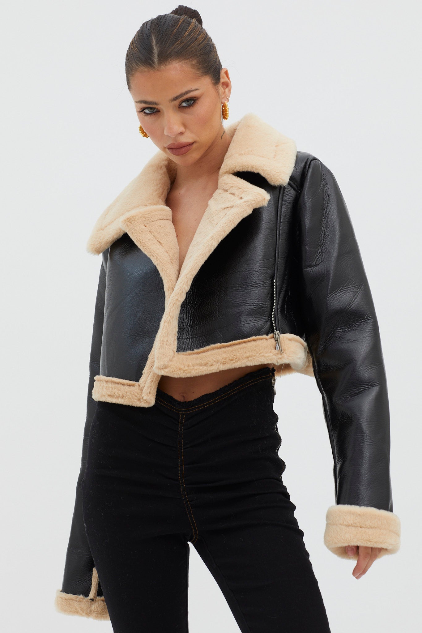 High Altitude Faux Fur Biker Jacket Black/Taupe by Selfie Leslie Australia