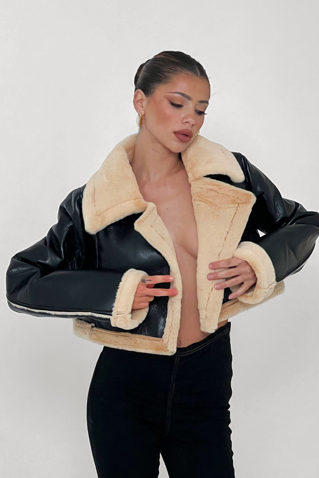 High Altitude Faux Fur Biker Jacket Black/Taupe by Selfie Leslie Australia