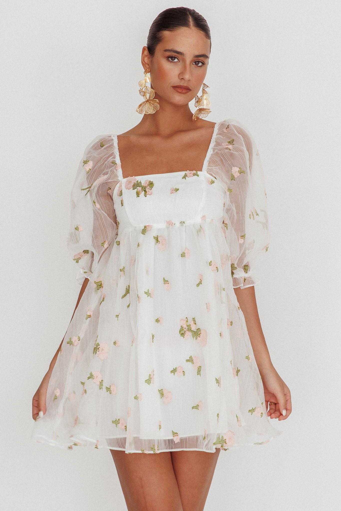Helen Floral Organza Mini Dress White Pink by Selfie Leslie Australia