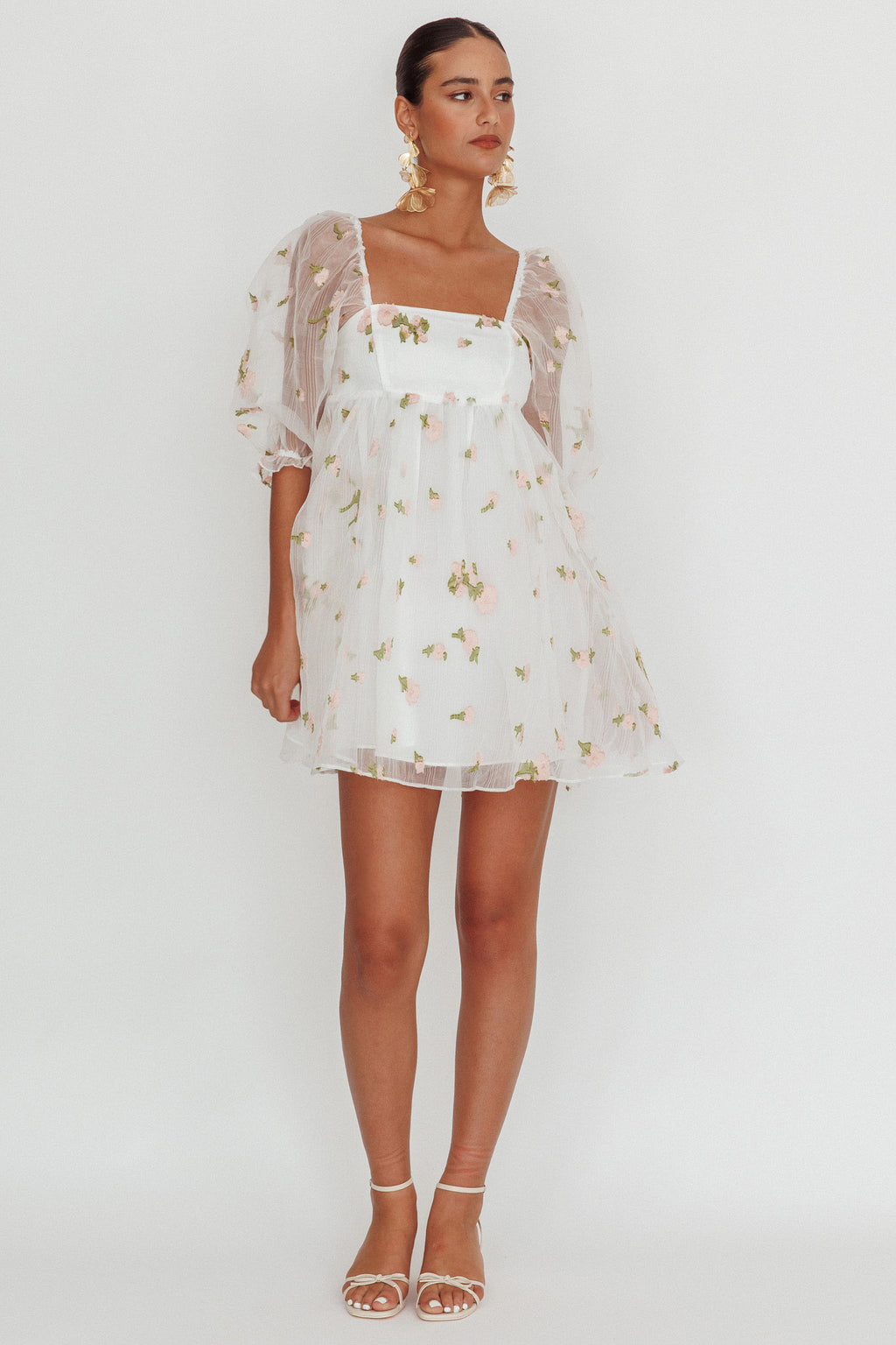 Helen Floral Organza Mini Dress White Pink by Selfie Leslie Australia