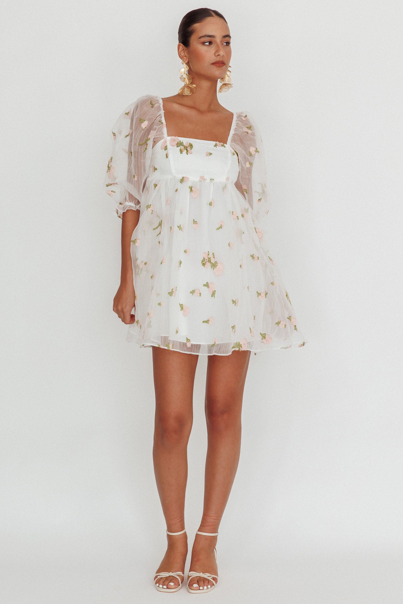 Helen Floral Organza Mini Dress White Pink by Selfie Leslie Australia