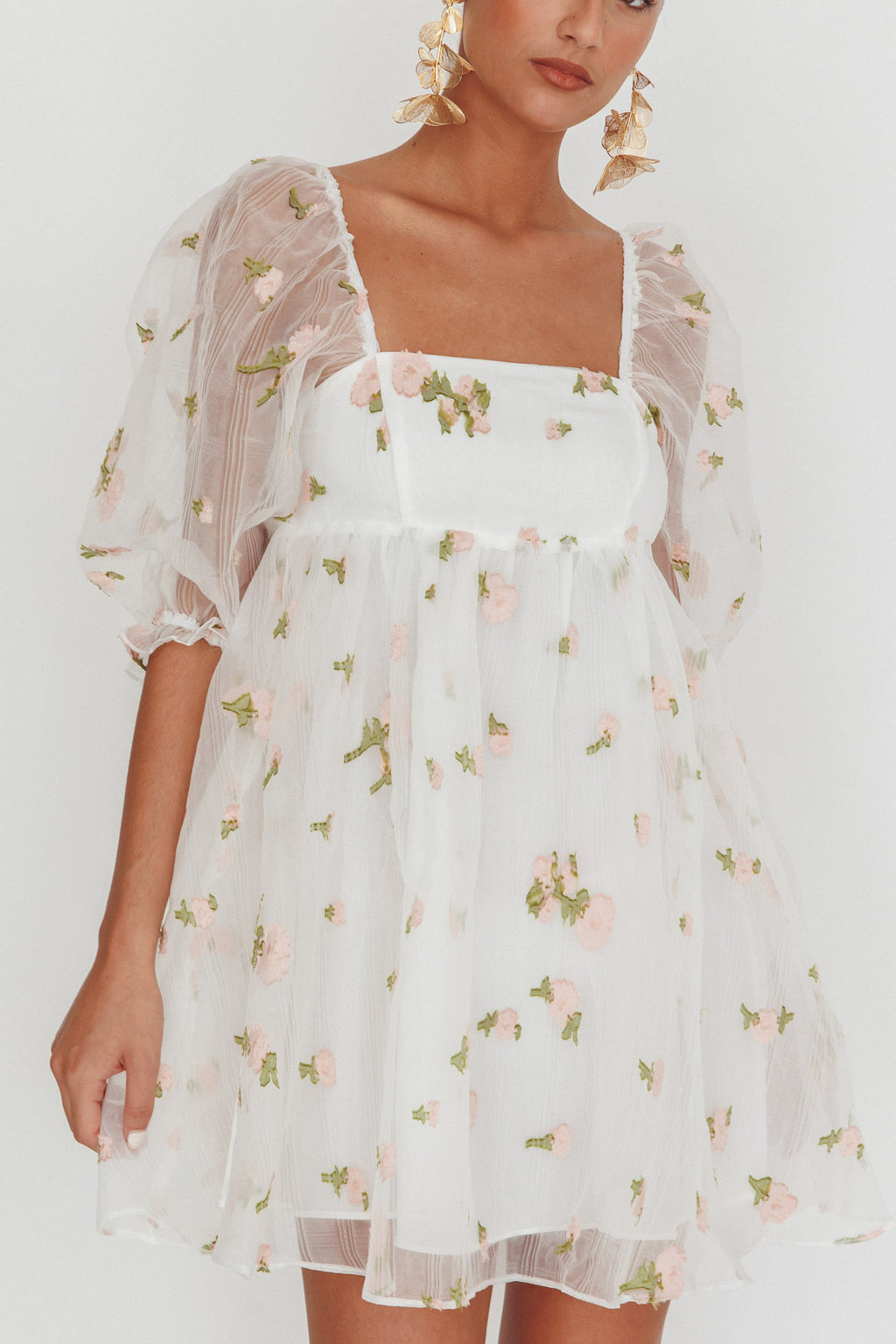 Helen Floral Organza Mini Dress White Pink by Selfie Leslie Australia