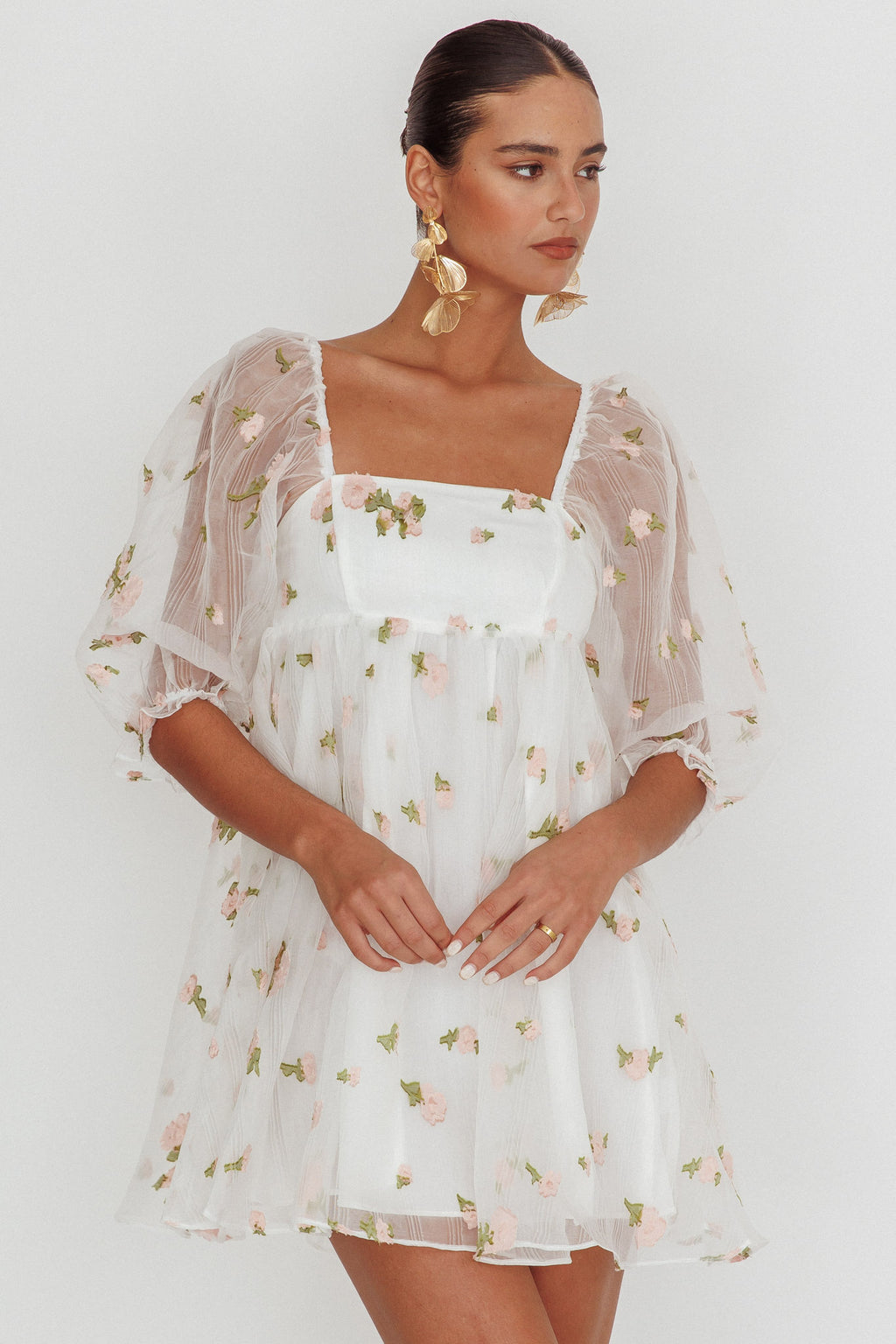 Helen Floral Organza Mini Dress White Pink by Selfie Leslie Australia