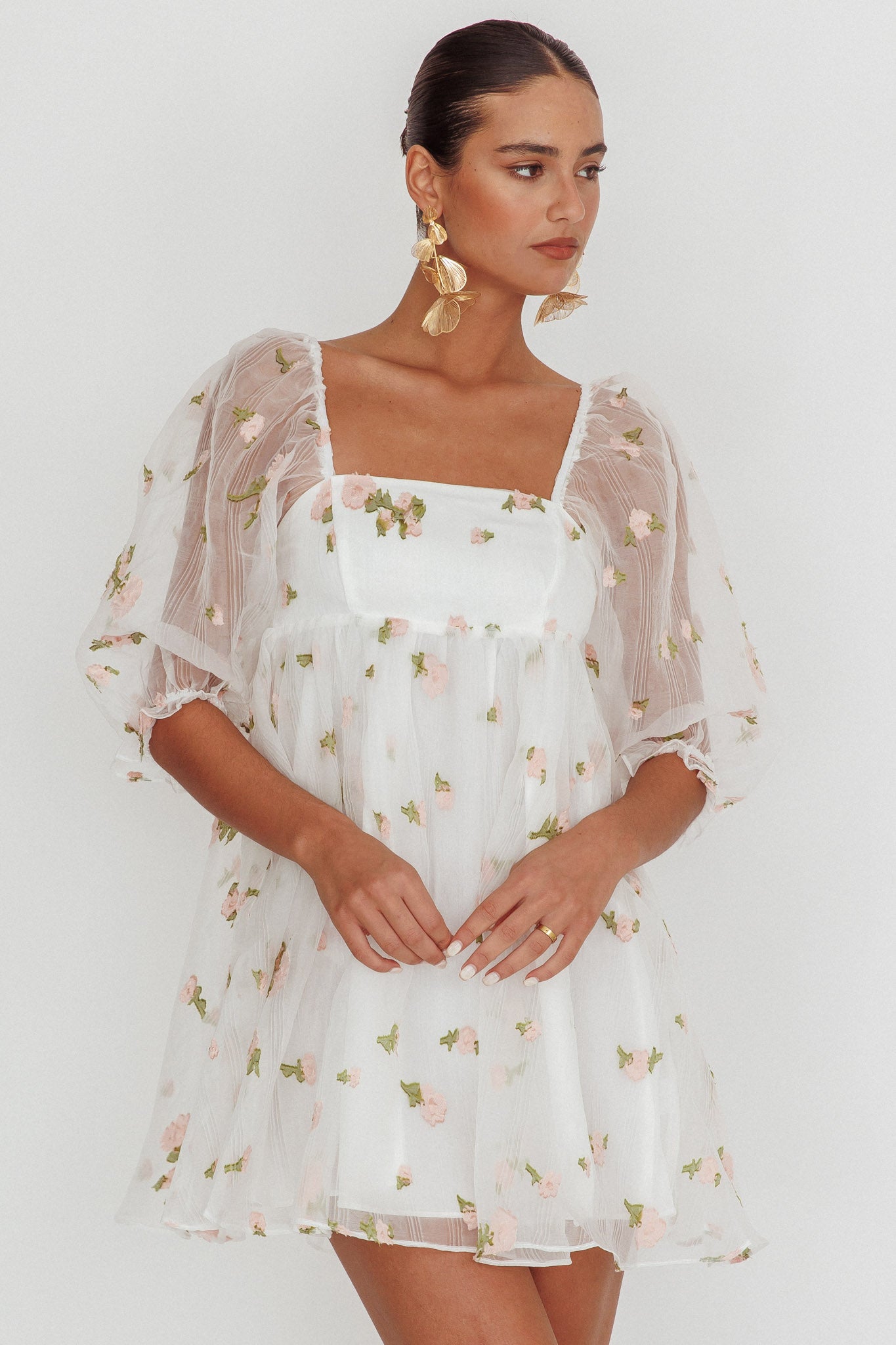 Helen Floral Organza Mini Dress White Pink by Selfie Leslie Australia