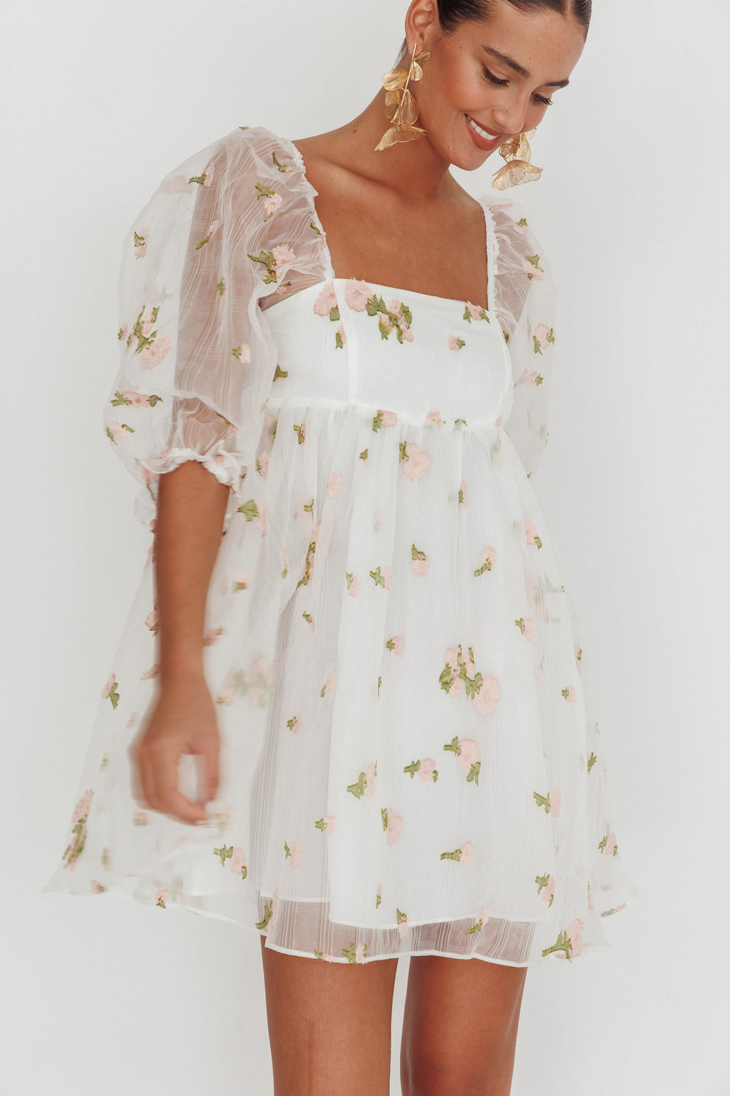 Helen Floral Organza Mini Dress White Pink by Selfie Leslie Australia