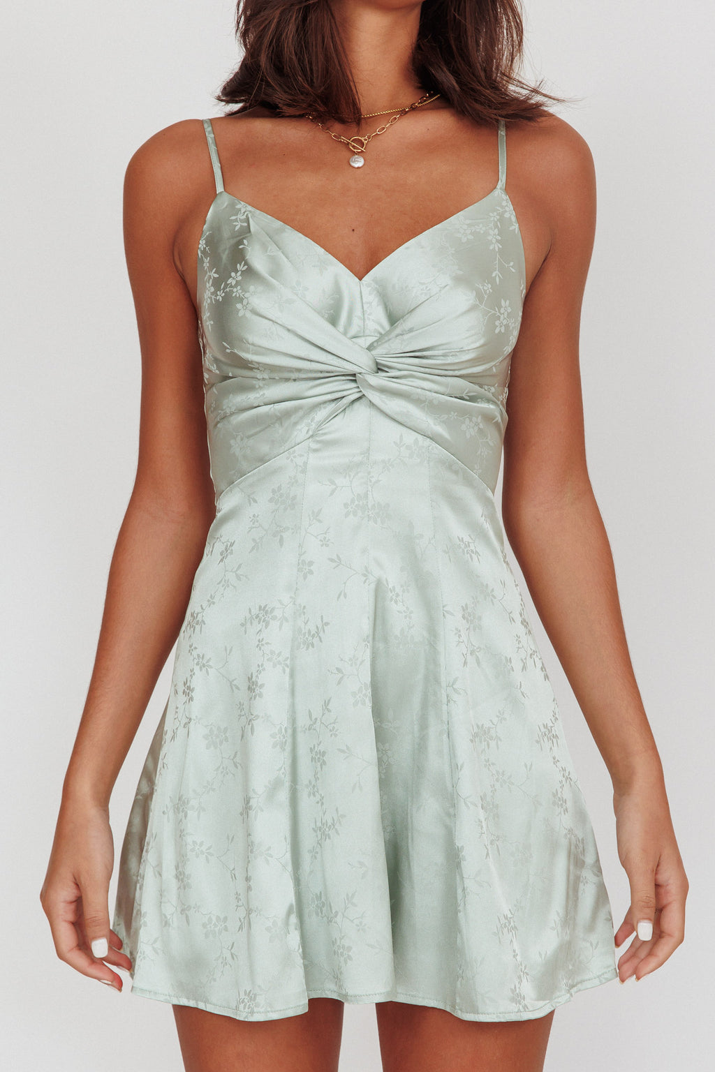 Lumine Floral Jacquard Twist Mini Dress Sage by Selfie Leslie Australia