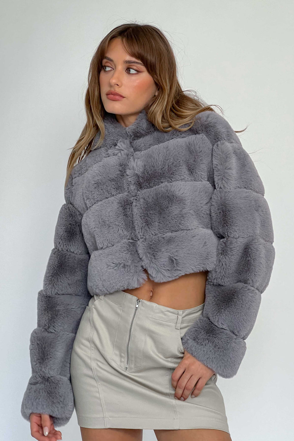 Polina Hooded Faux Fur Jacket Grey by Selfie Leslie Australia