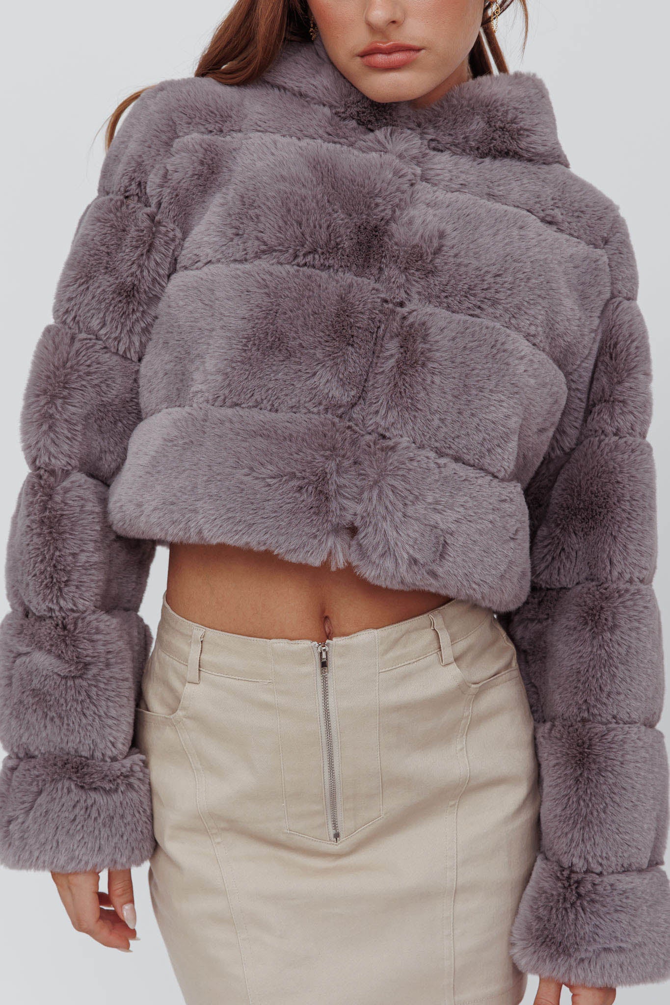 Polina Hooded Faux Fur Jacket Grey by Selfie Leslie Australia