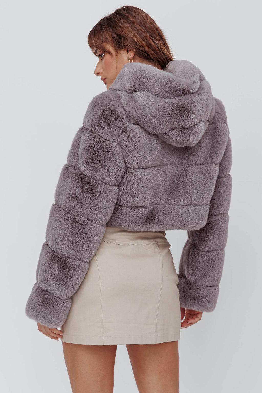 Polina Hooded Faux Fur Jacket Grey by Selfie Leslie Australia