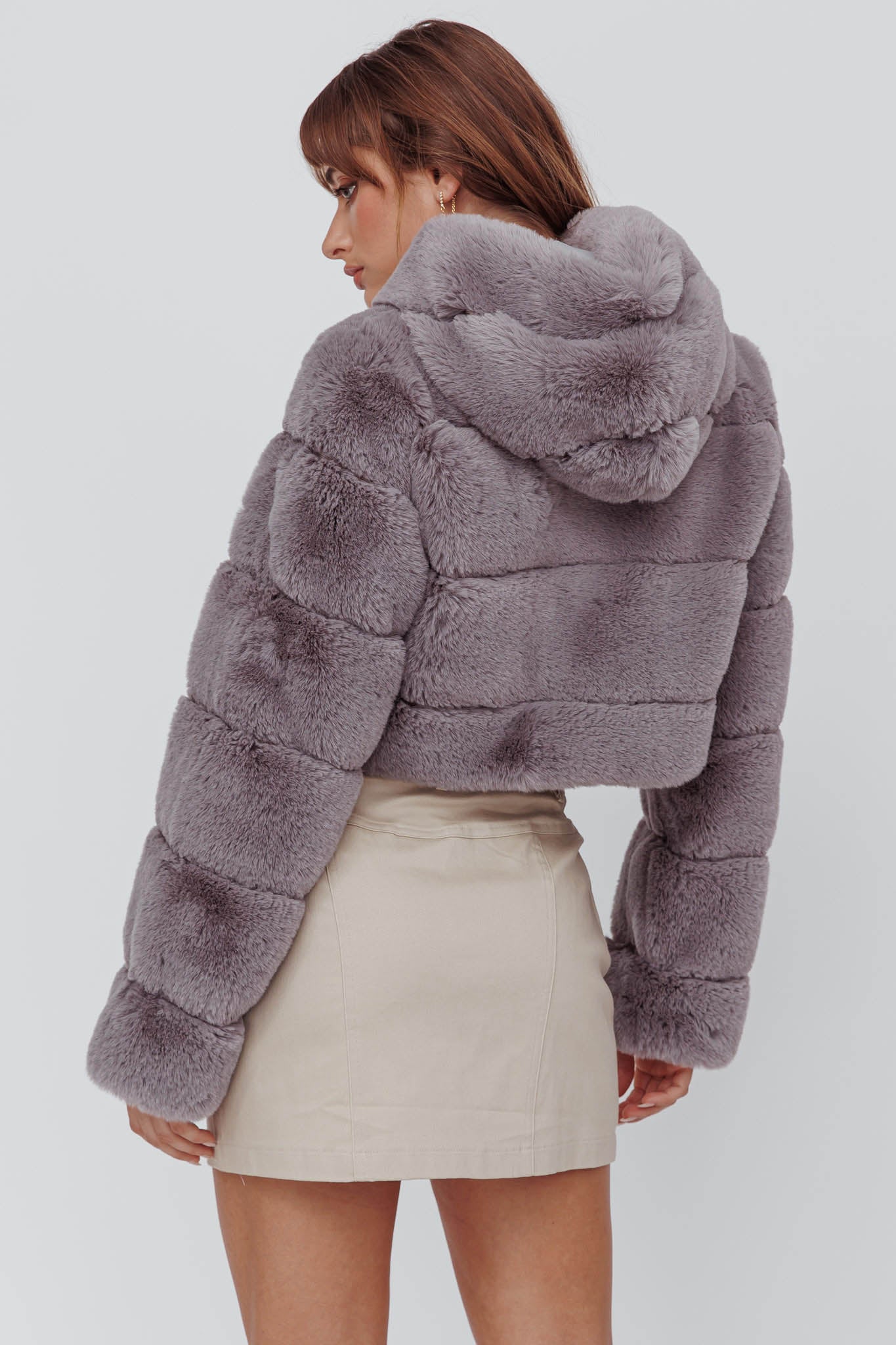 Polina Hooded Faux Fur Jacket Grey by Selfie Leslie Australia