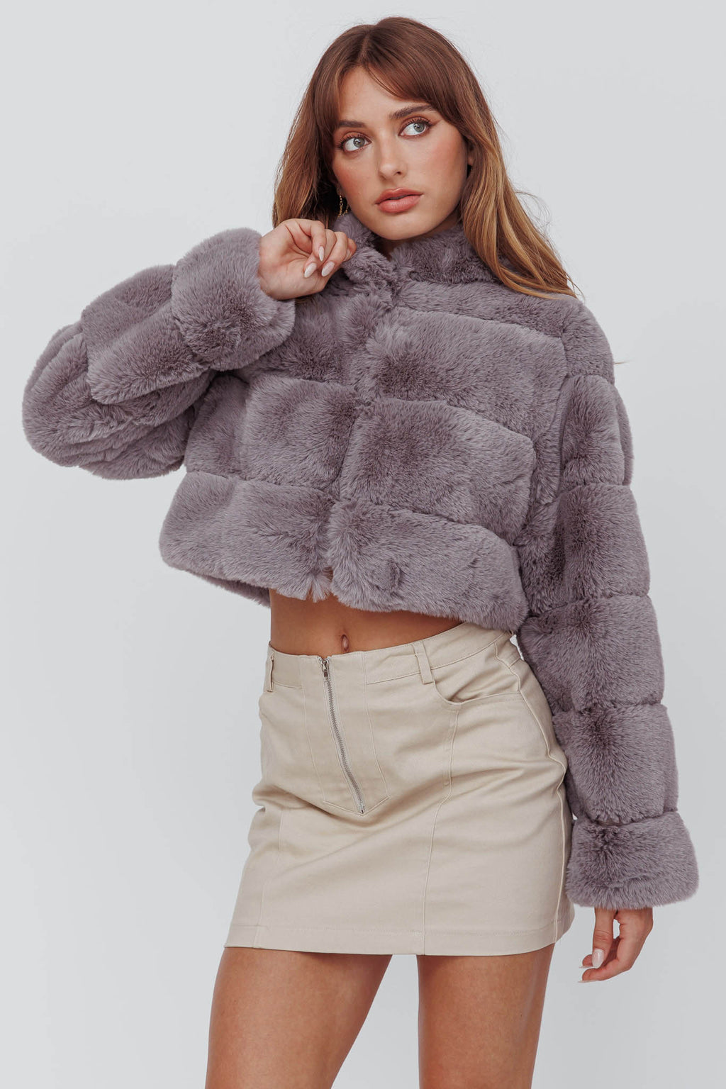 Polina Hooded Faux Fur Jacket Grey by Selfie Leslie Australia