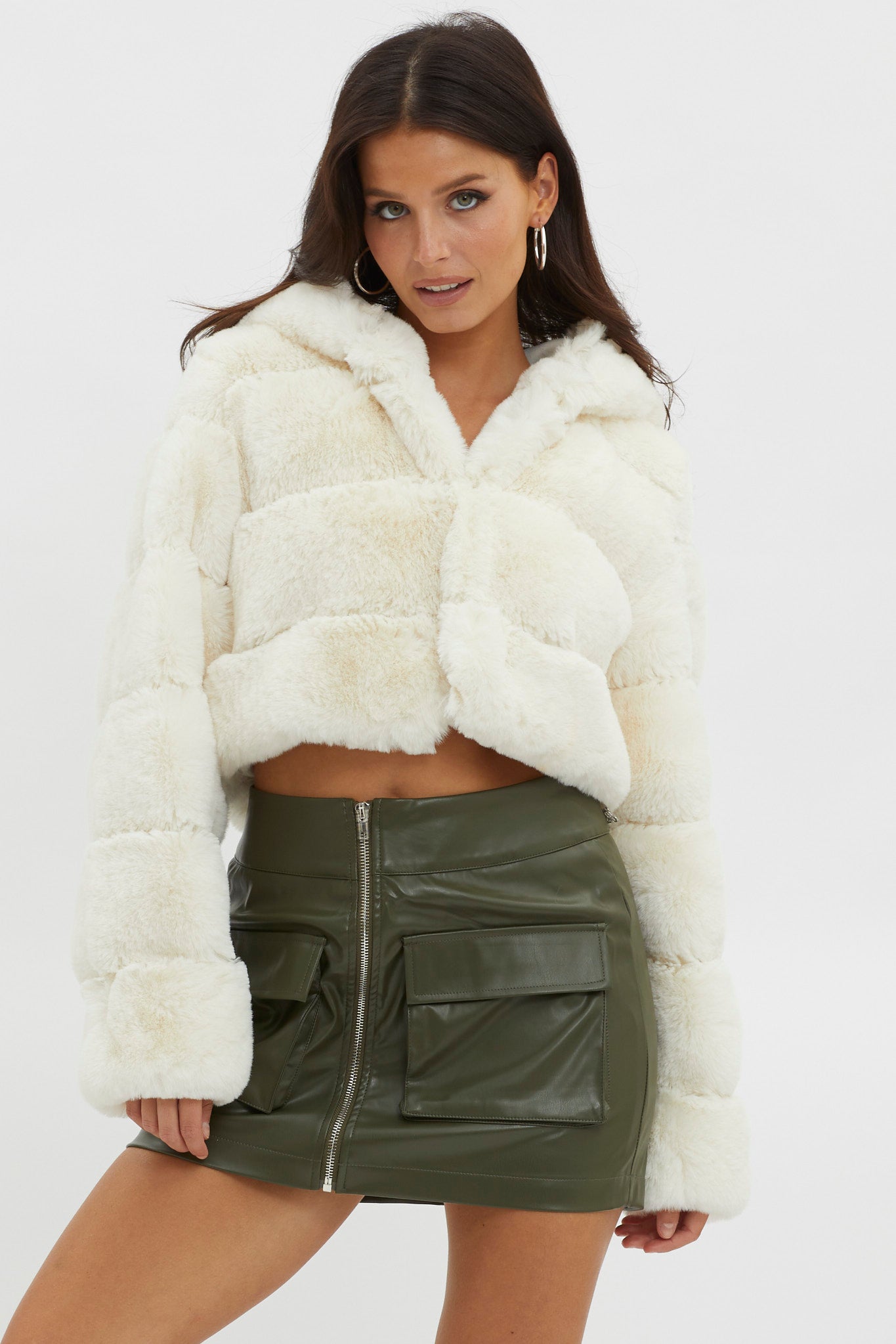 Polina Hooded Faux Fur Jacket Ivory by Selfie Leslie Australia