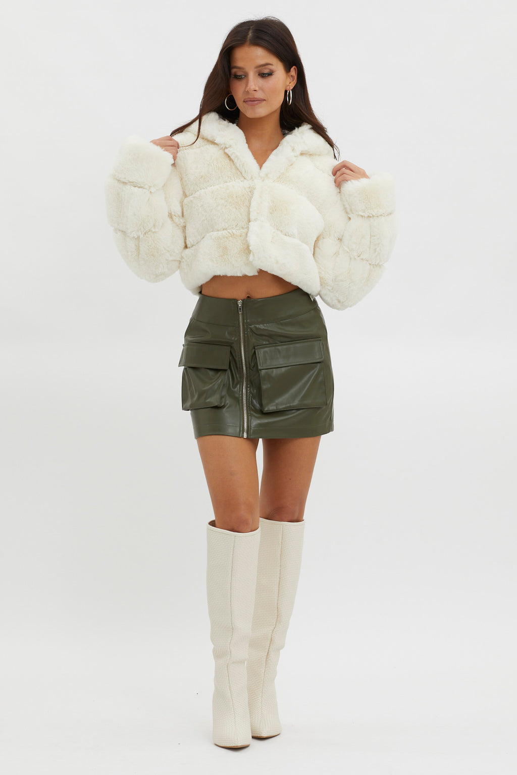 Polina Hooded Faux Fur Jacket Ivory by Selfie Leslie Australia