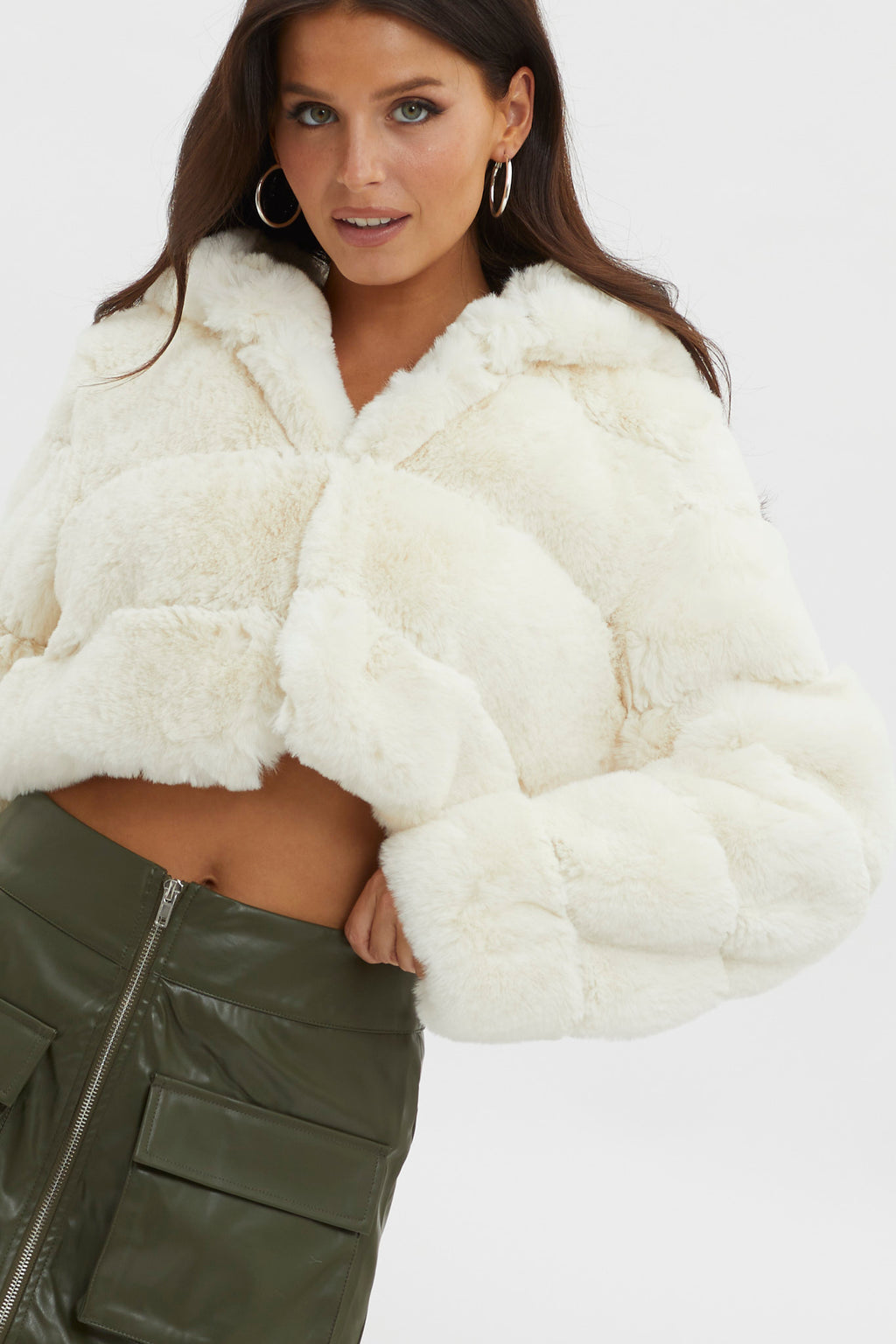 Polina Hooded Faux Fur Jacket Ivory by Selfie Leslie Australia