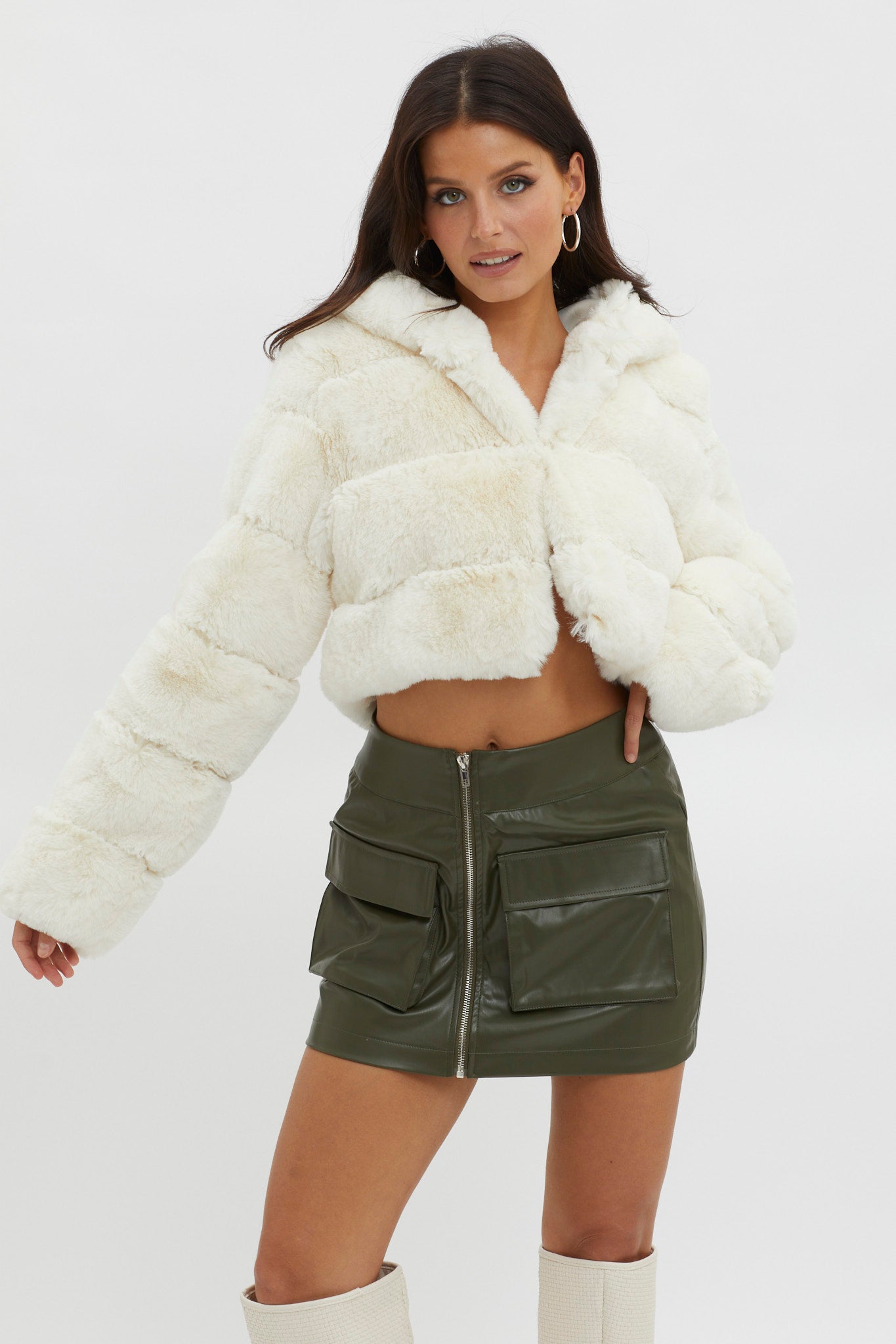 Polina Hooded Faux Fur Jacket Ivory by Selfie Leslie Australia