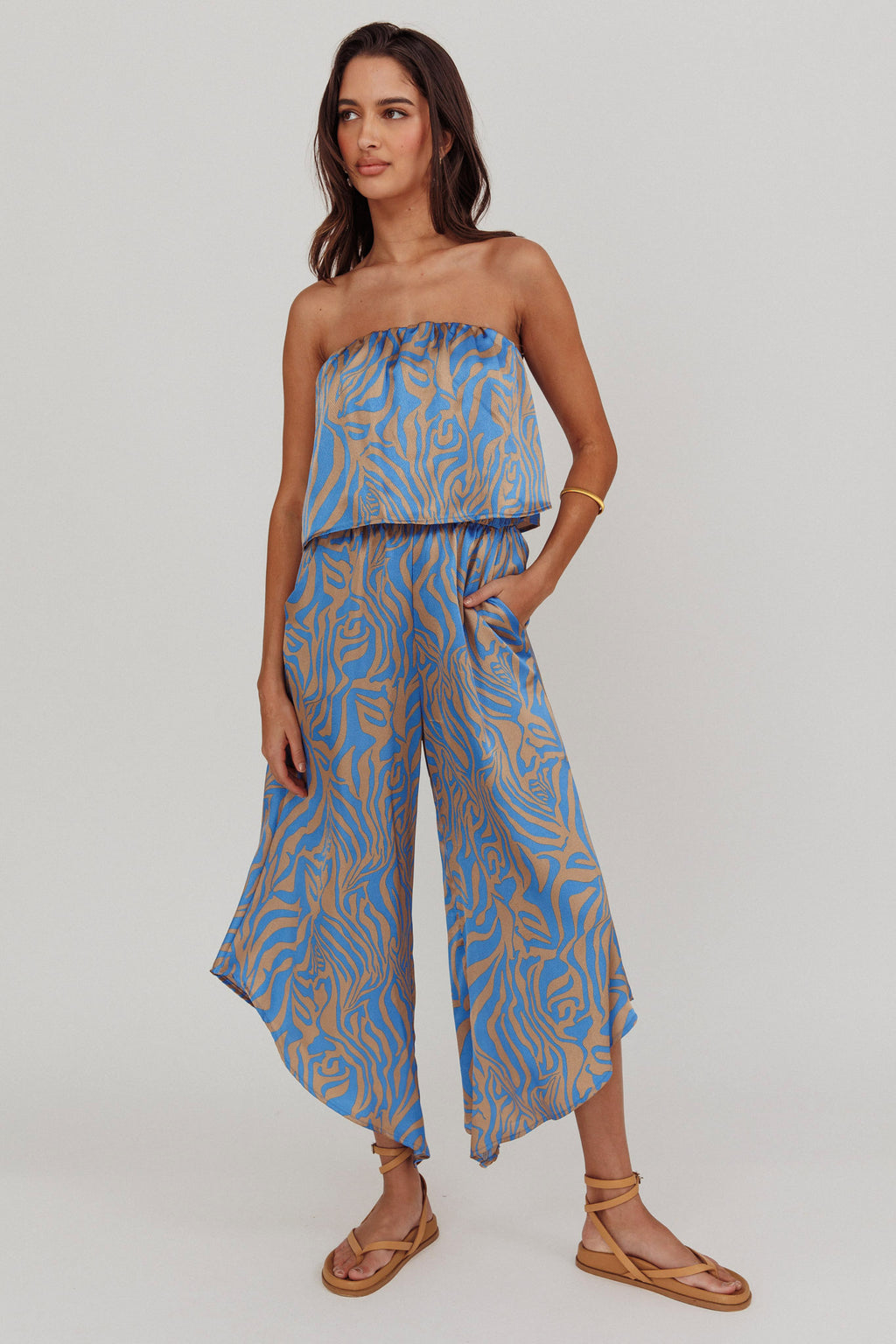 Tongue Tied Printed Strapless Jumpsuit Blue by Selfie Leslie Australia