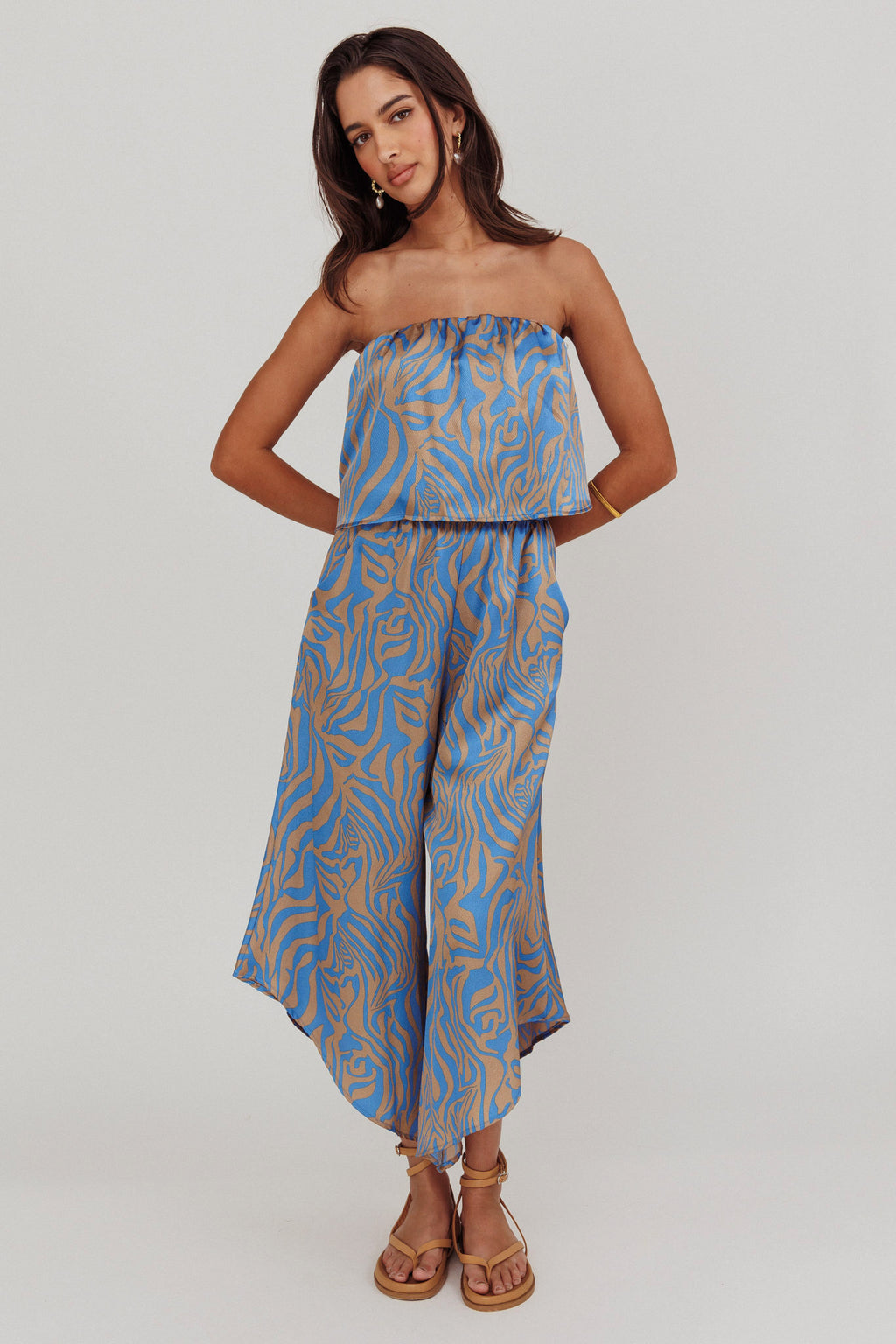 Tongue Tied Printed Strapless Jumpsuit Blue by Selfie Leslie Australia