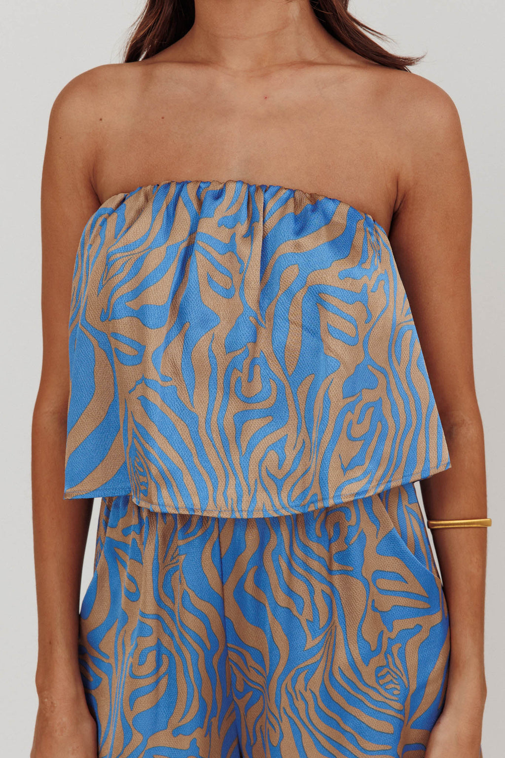 Tongue Tied Printed Strapless Jumpsuit Blue by Selfie Leslie Australia