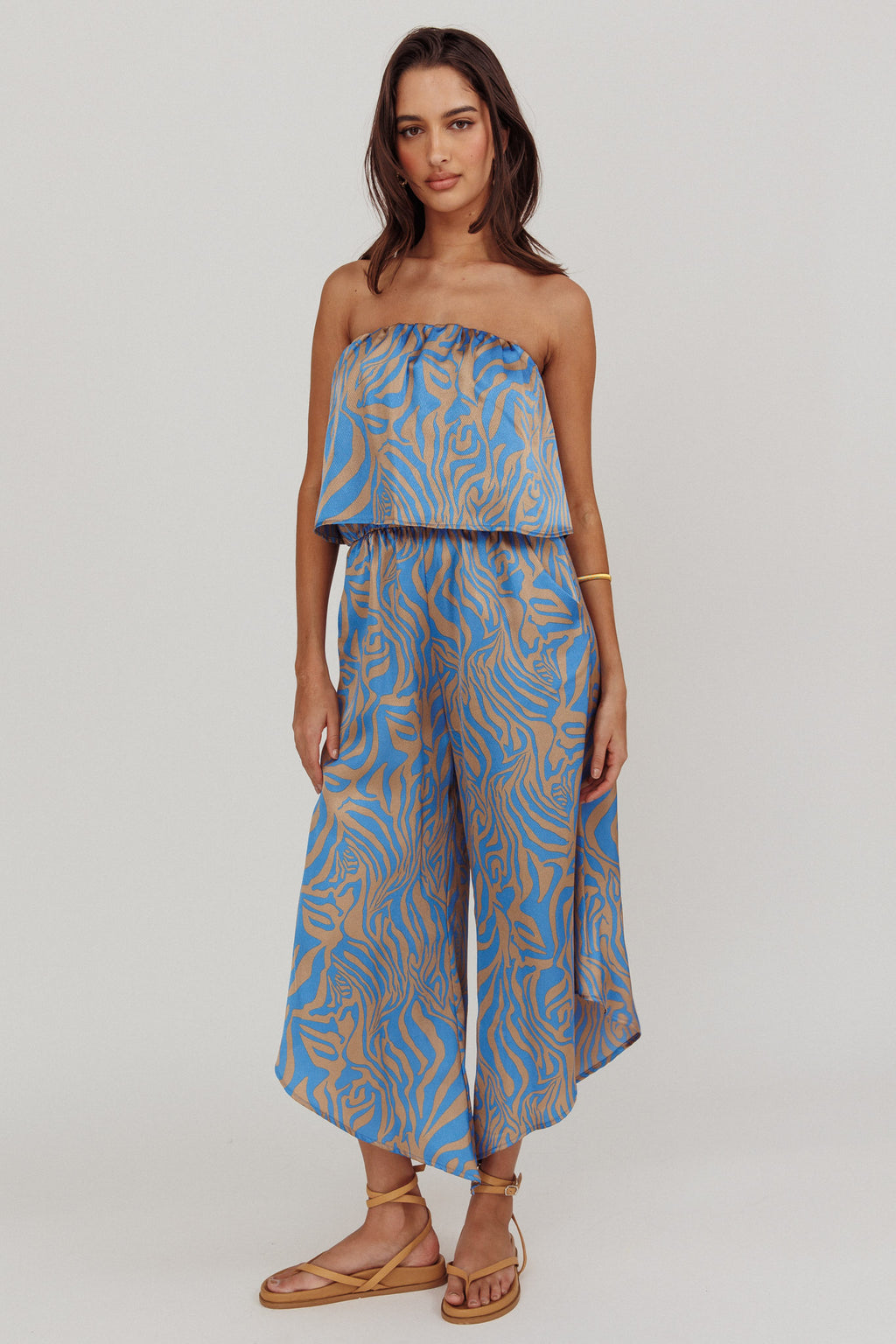 Tongue Tied Printed Strapless Jumpsuit Blue by Selfie Leslie Australia