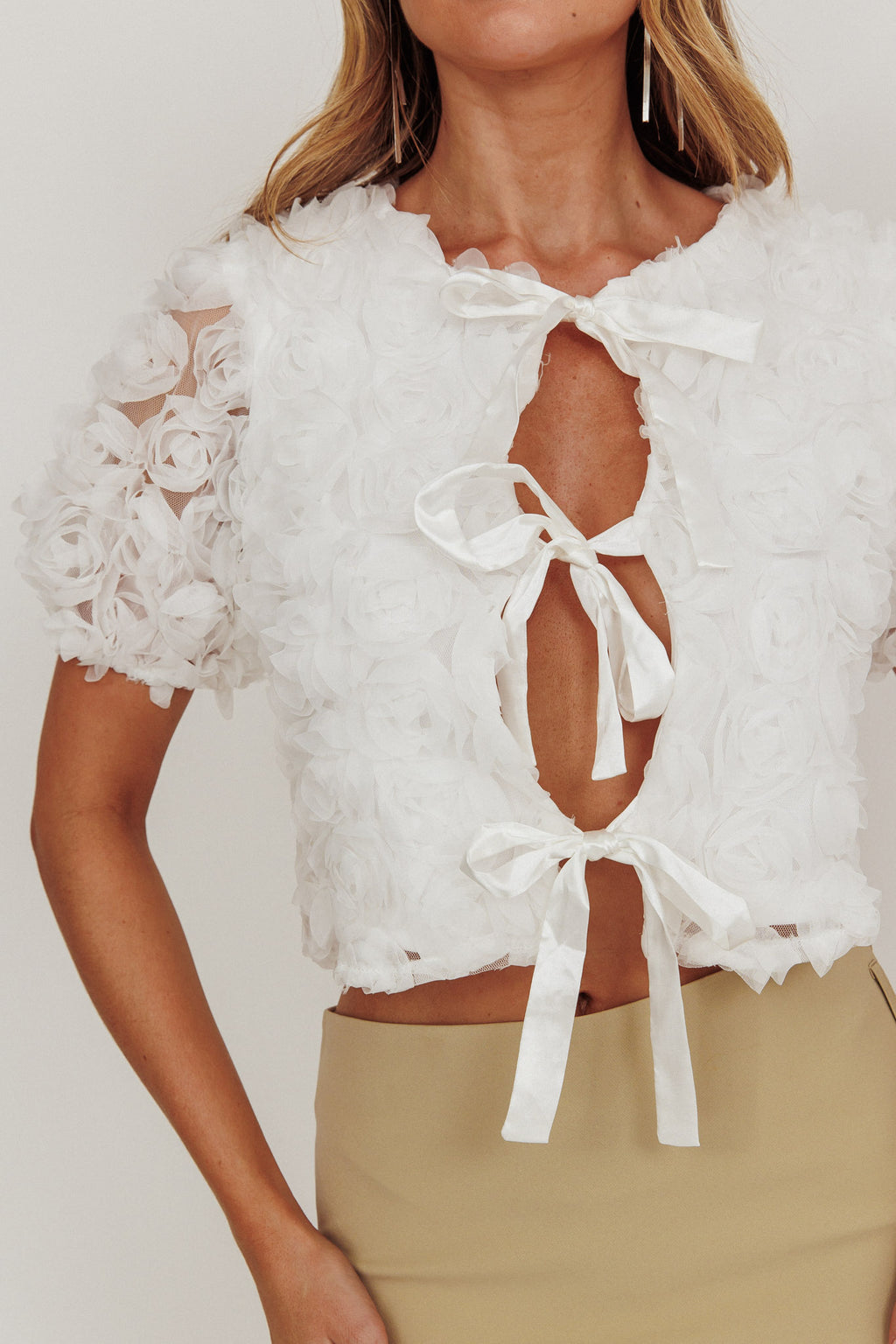 Chiron Front Tie Rosette Top Off White by Selfie Leslie Australia
