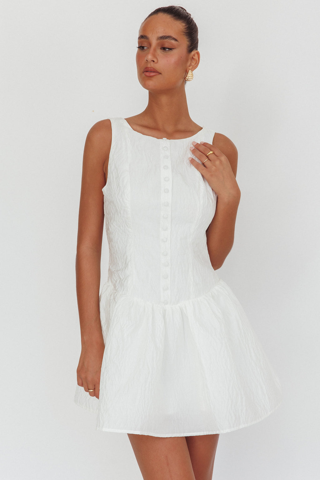 Profile Pic Drop Waist Flounce Mini Dress Textured White by Selfie Leslie Australia