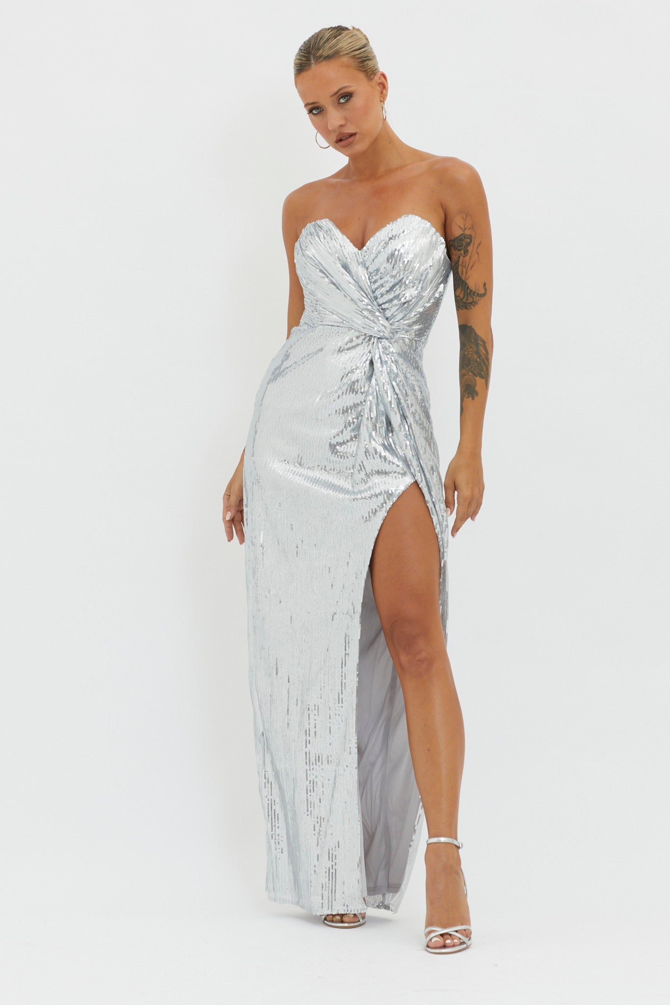 Angel Energy Strapless Sequin Maxi Dress Silver by Selfie Leslie Australia