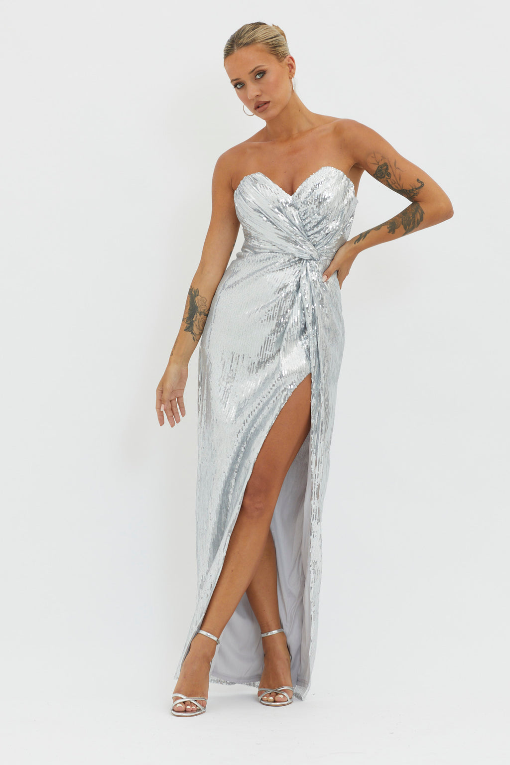 Angel Energy Strapless Sequin Maxi Dress Silver by Selfie Leslie Australia