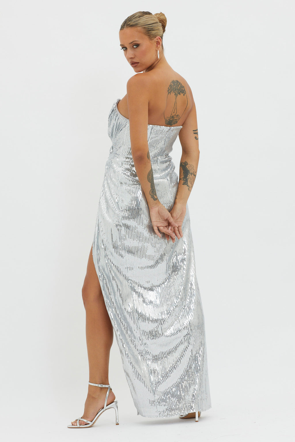 Angel Energy Strapless Sequin Maxi Dress Silver by Selfie Leslie Australia