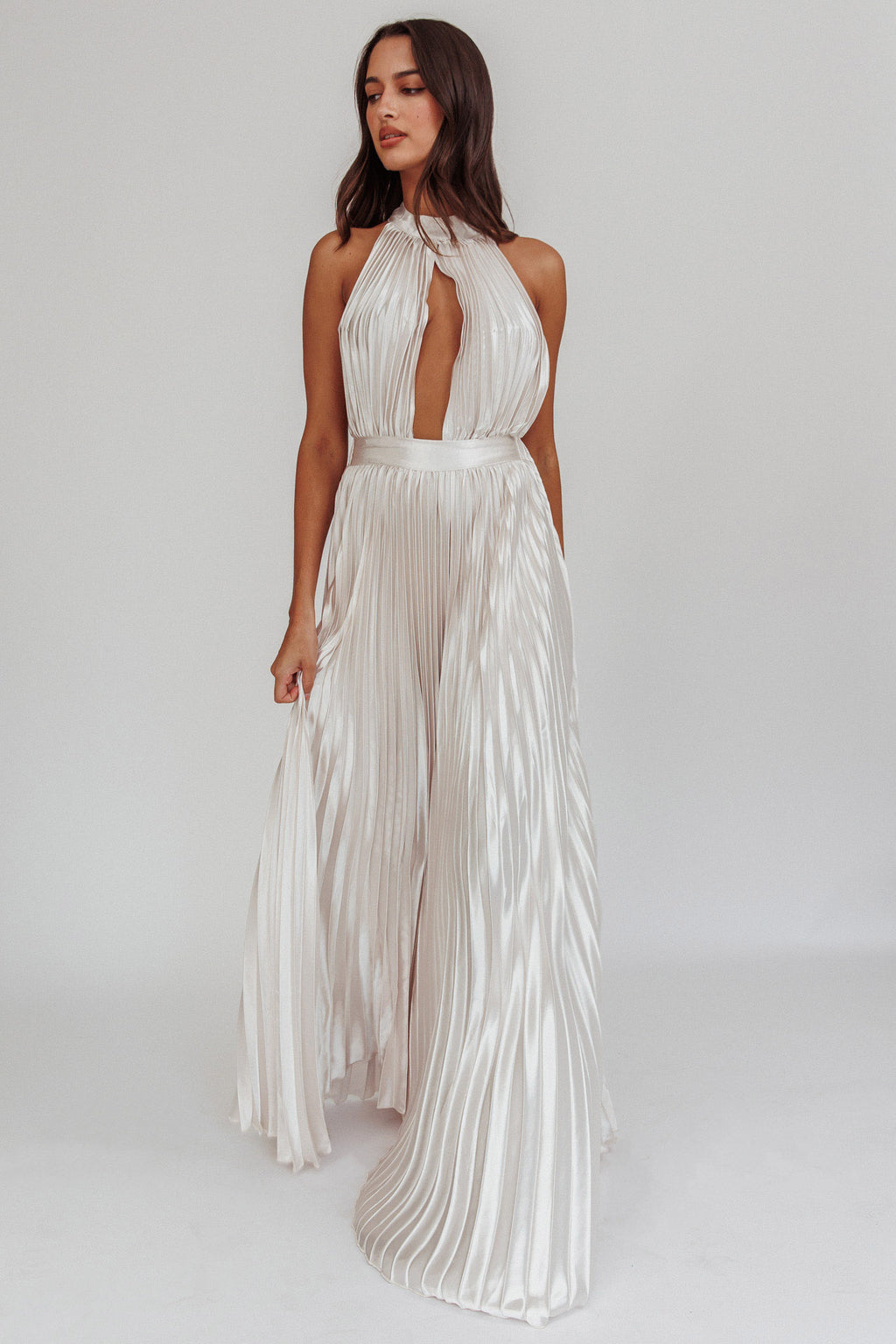 Monarch Pleated Satin Maxi Dress Champagne by Selfie Leslie Australia