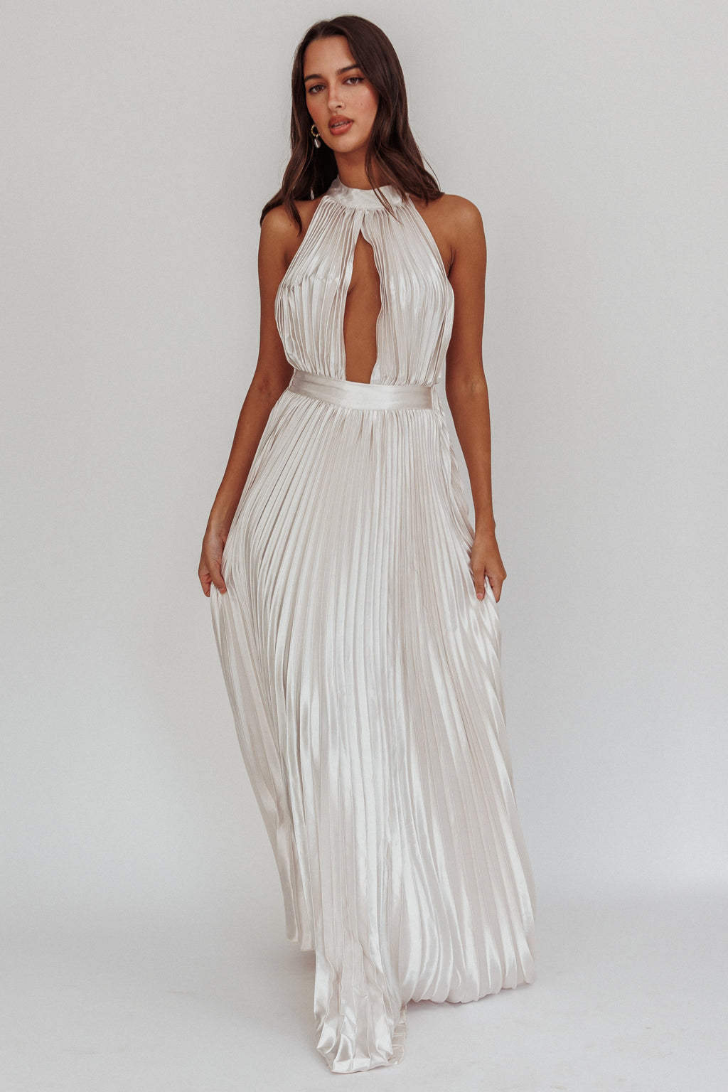 Monarch Pleated Satin Maxi Dress Champagne by Selfie Leslie Australia