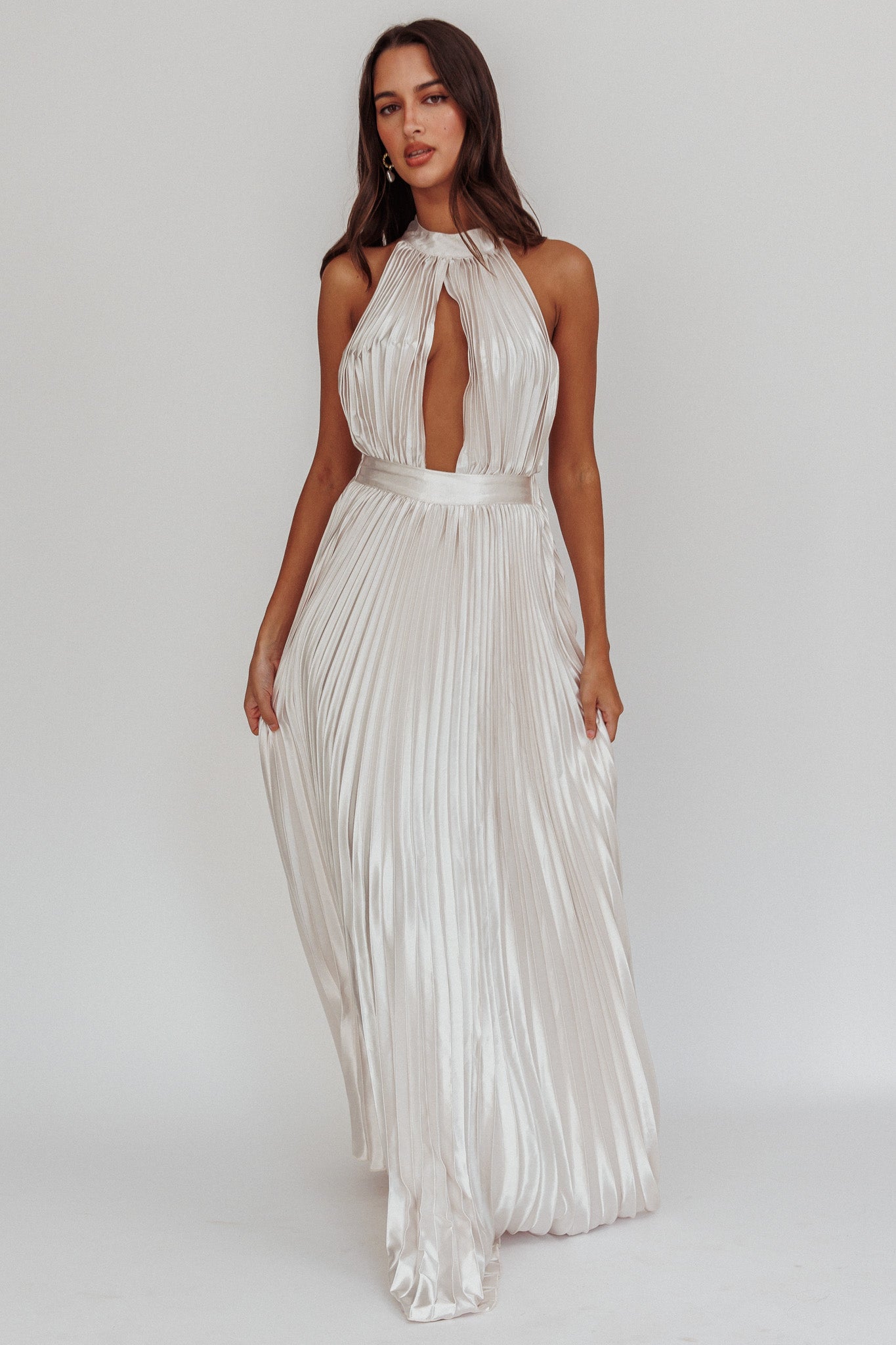 Monarch Pleated Satin Maxi Dress Champagne by Selfie Leslie Australia