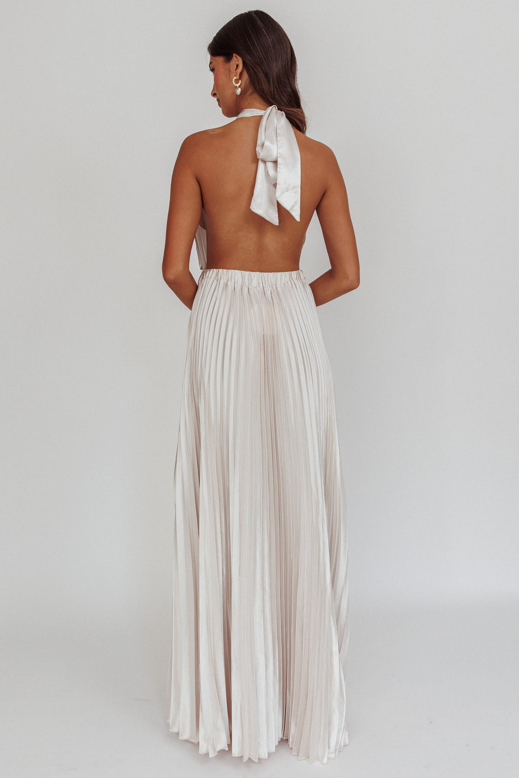Monarch Pleated Satin Maxi Dress Champagne by Selfie Leslie Australia