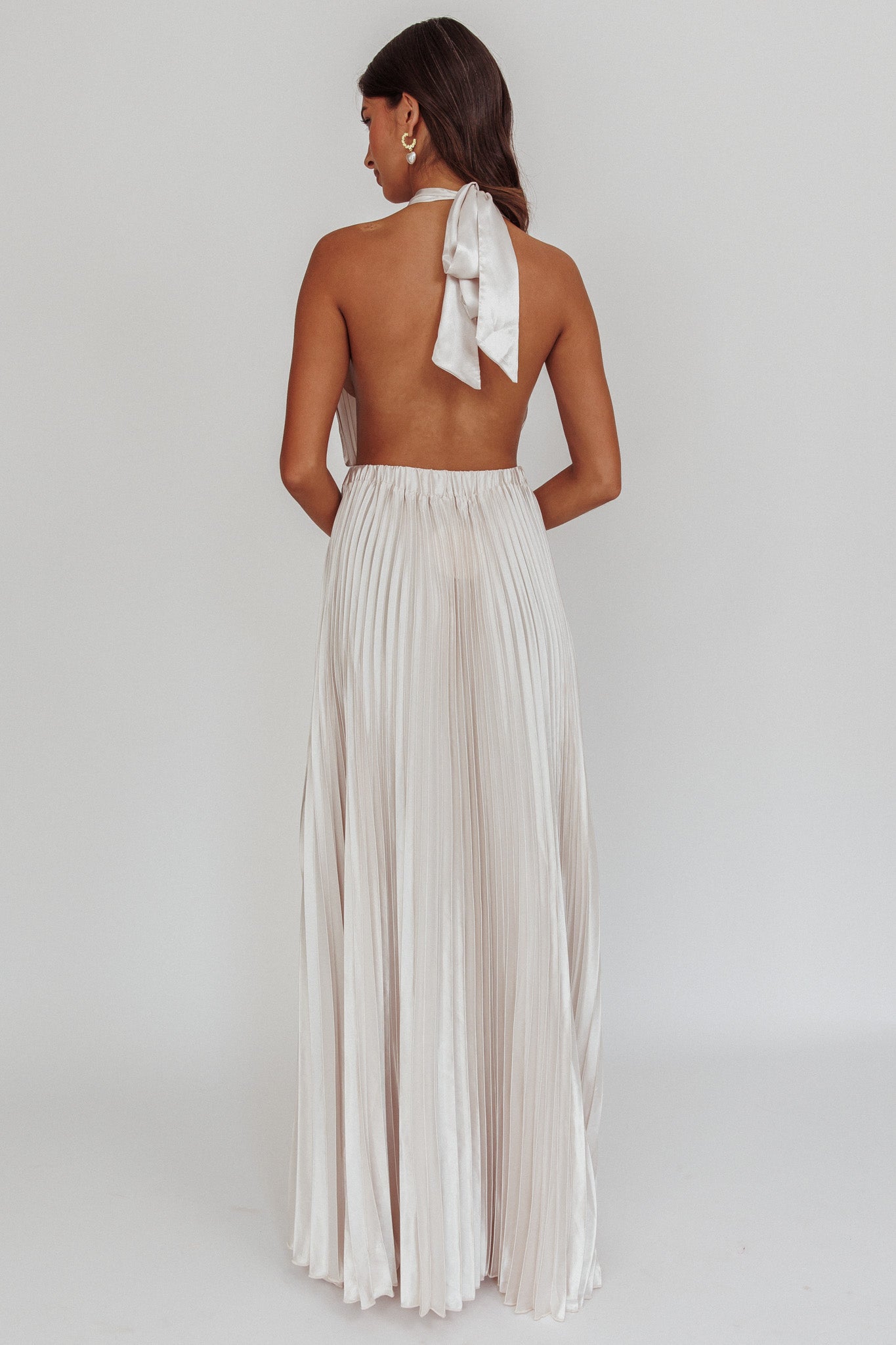Monarch Pleated Satin Maxi Dress Champagne by Selfie Leslie Australia
