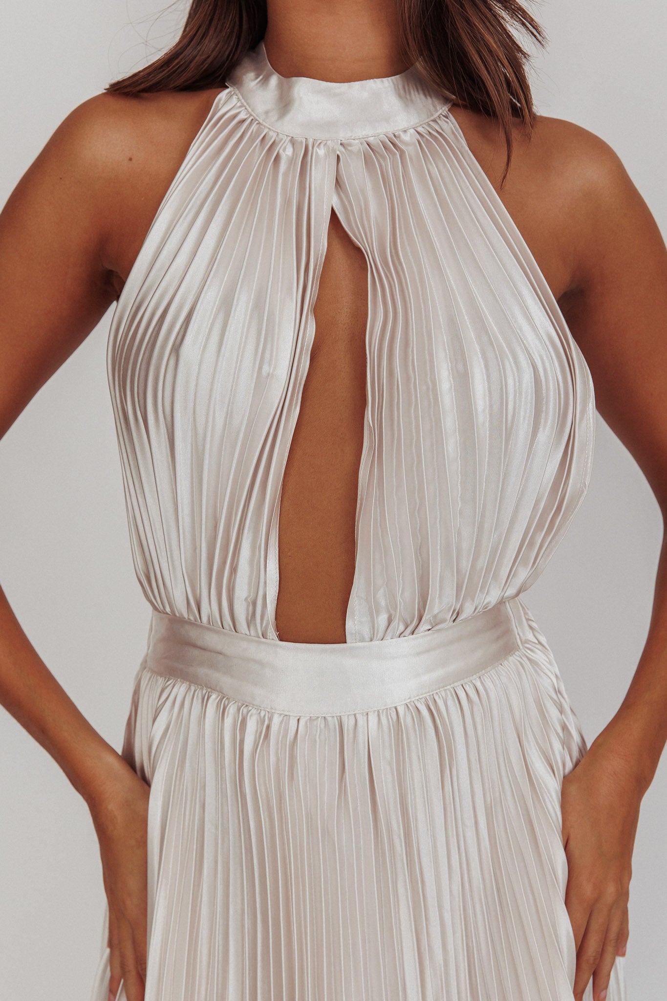 Monarch Pleated Satin Maxi Dress Champagne by Selfie Leslie Australia