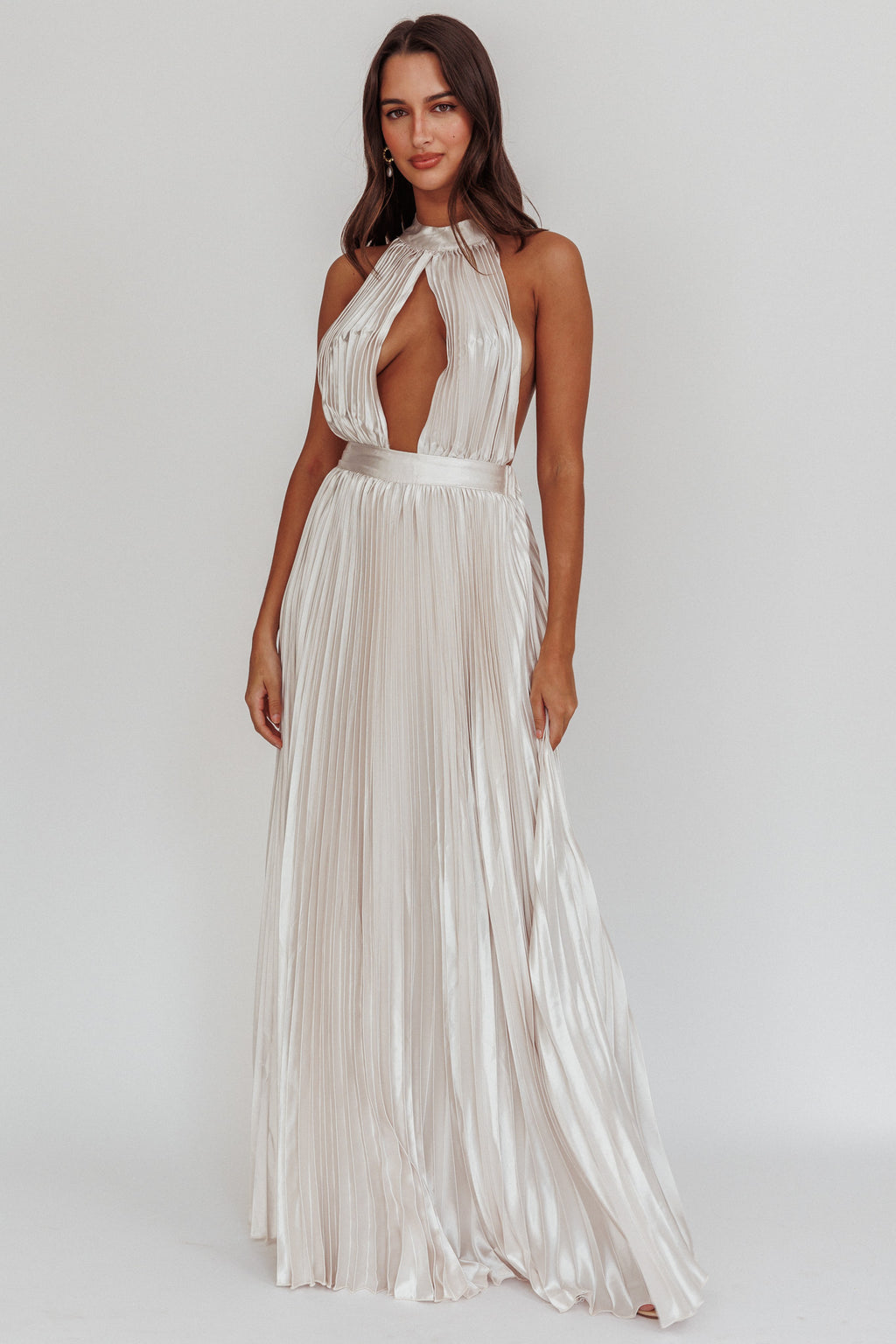 Monarch Pleated Satin Maxi Dress Champagne by Selfie Leslie Australia