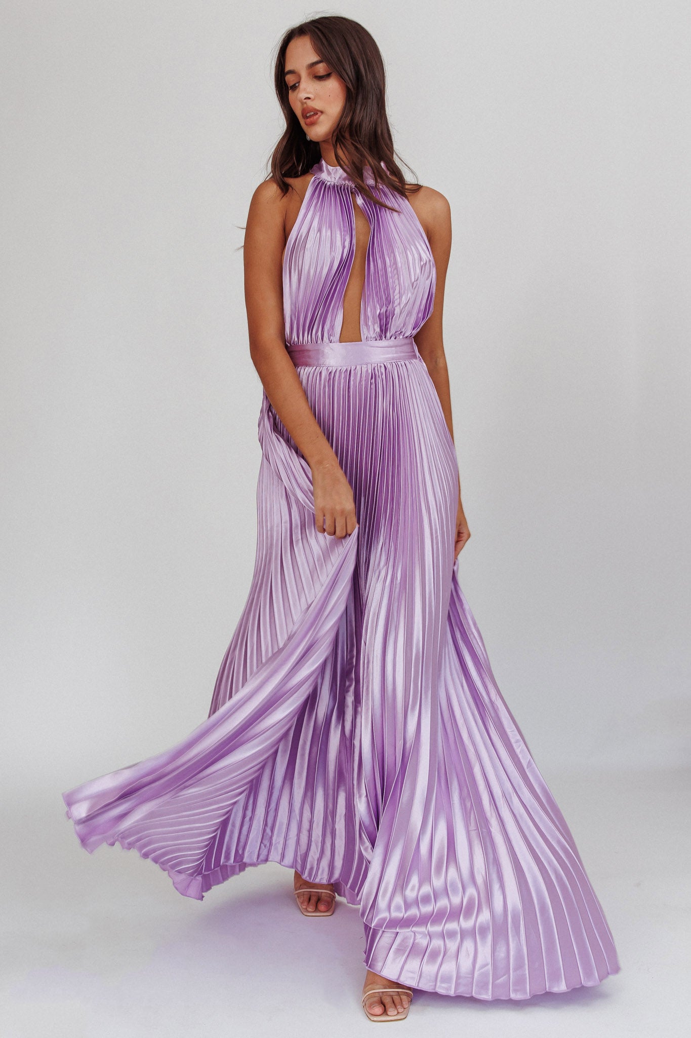 Monarch Pleated Satin Maxi Dress Lavender by Selfie Leslie Australia