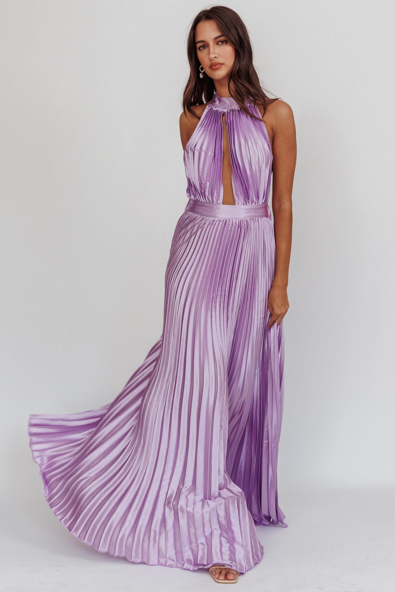 Monarch Pleated Satin Maxi Dress Lavender by Selfie Leslie Australia
