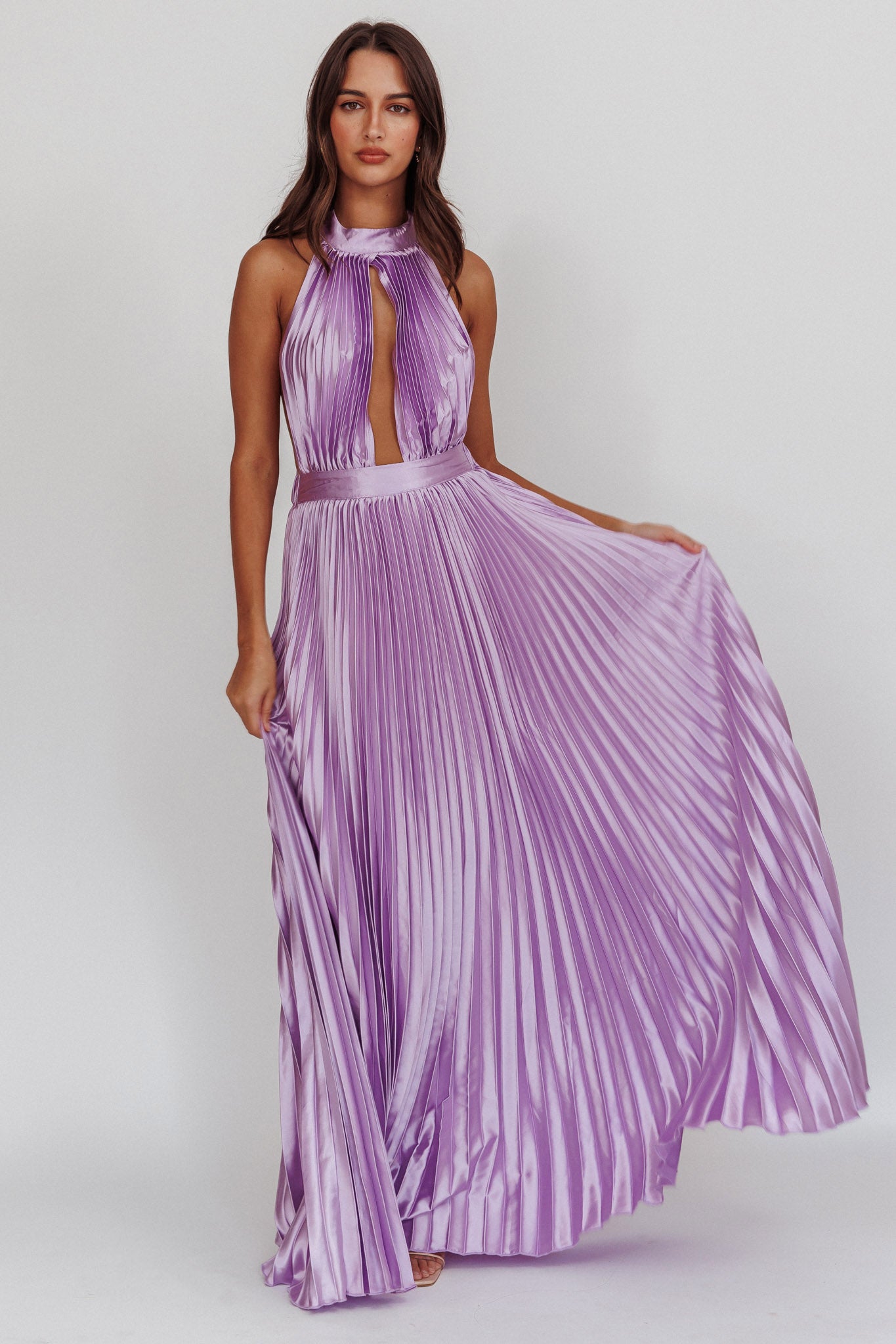 Monarch Pleated Satin Maxi Dress Lavender by Selfie Leslie Australia
