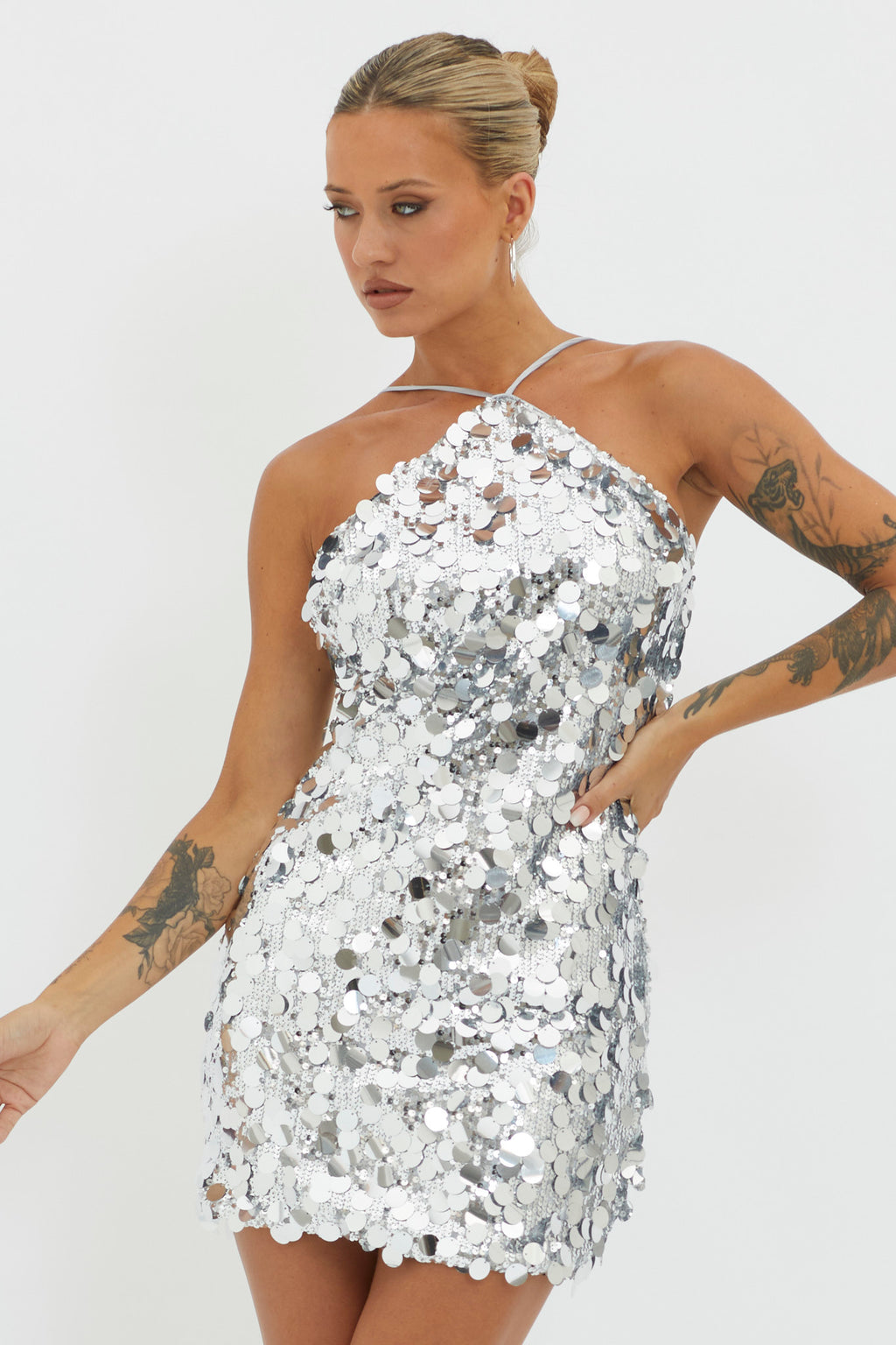 Champagne Twist Sequin Mini Dress Silver by Selfie Leslie Australia